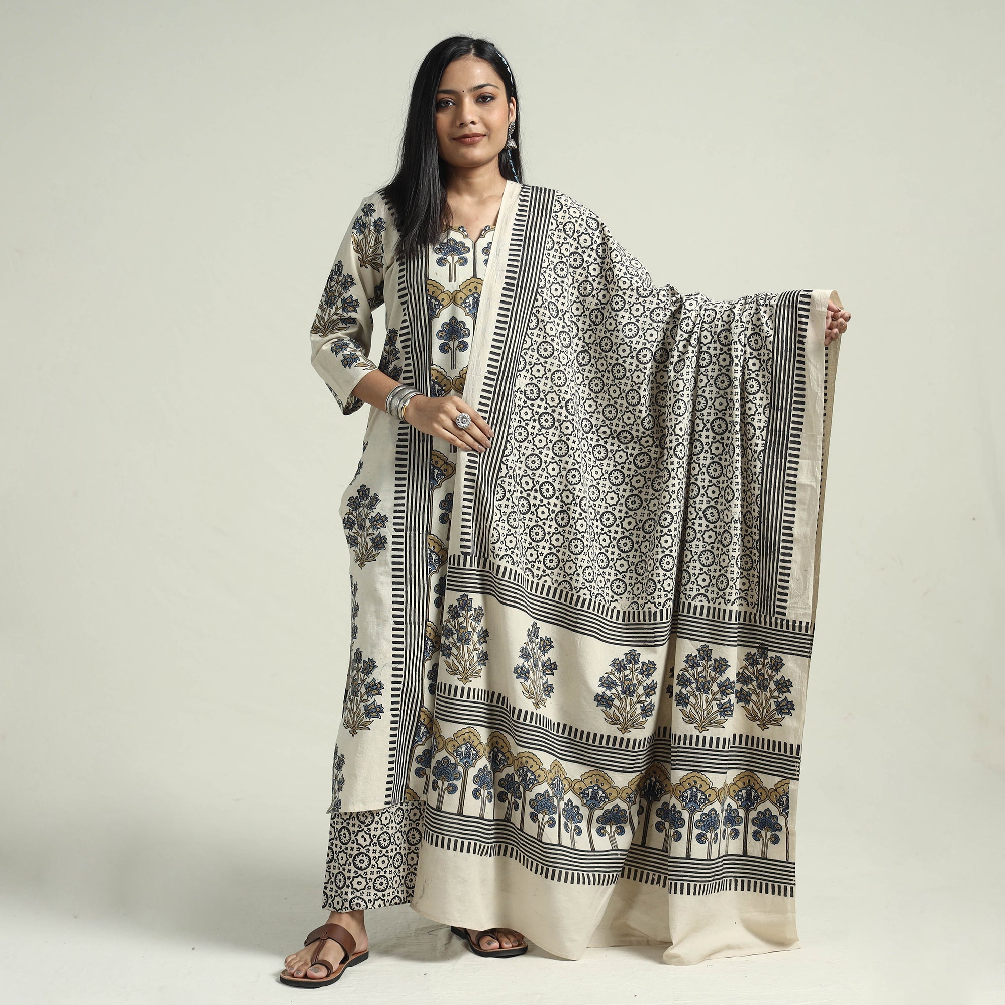 ITOKRI CASUALS Beige - Ajrakh Block Printed Cotton Kurta With Palazzo & Dupatta Set - view 2