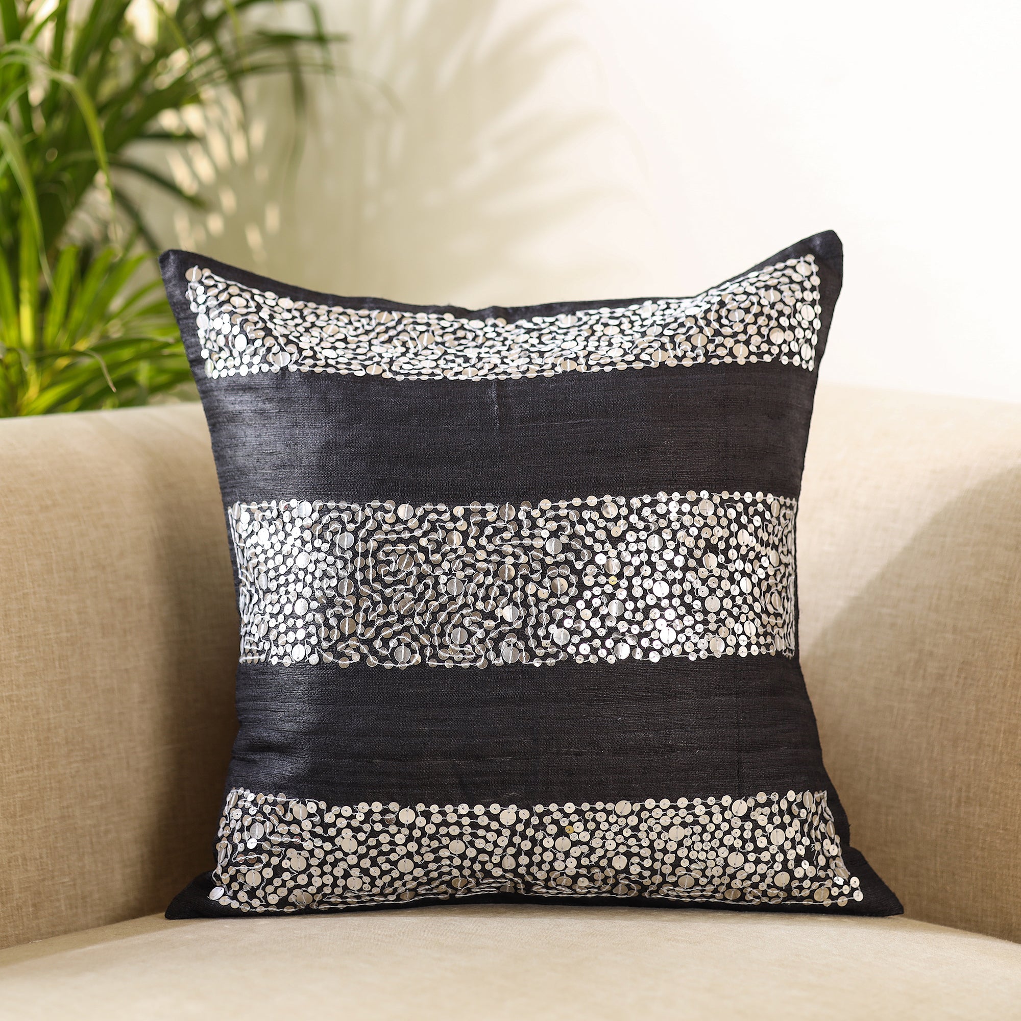 CHHATTISGARH HASTSHILP VIKAS BOARD Black - Aari Embroidery Sequin Work Ghicha Silk Cushion Cover (16 x 16 in)