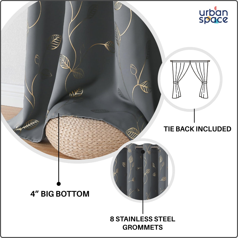 Urban Space -Home Furnishing Store Gold Foil Printed 80-85% Blackout Curtains - Pack of 1 - Leaf- Grey - view 6