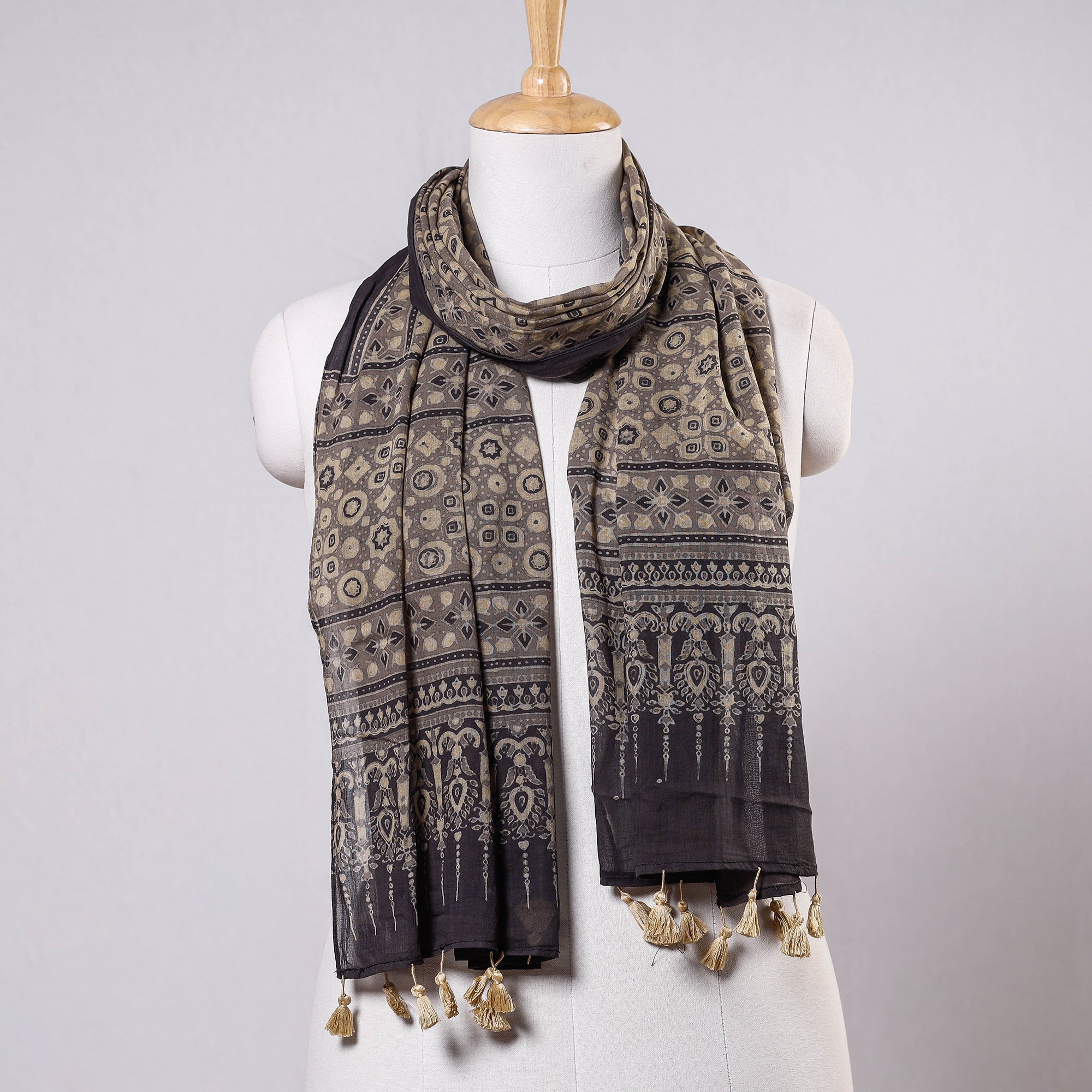 AJRAKH BY SUFIYAN ISMAIL KHATRI Brown - Ajrakh Block Printed Mul Cotton Stole With Tassels