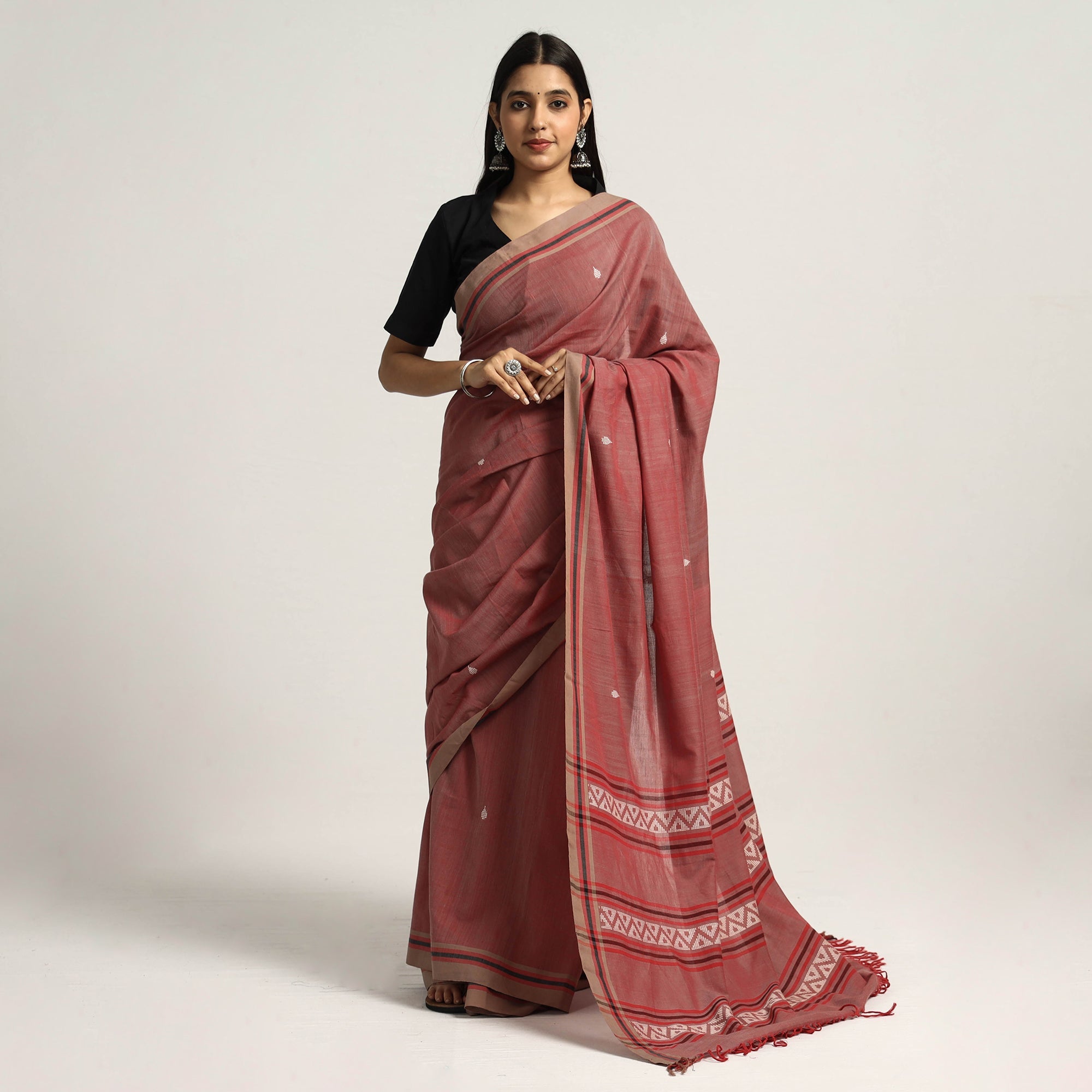 BUN.KAR BIHAR BY SRIJANI FOUNDATION Brown - Saree with White Chevron Buti on Pallu