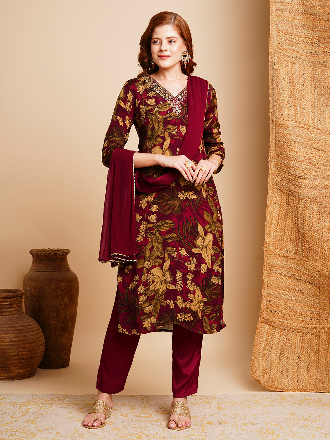 FASHOR Floral Printed & Hand Embroidered Kurta with Pant & Dupatta - Maroon - view 2