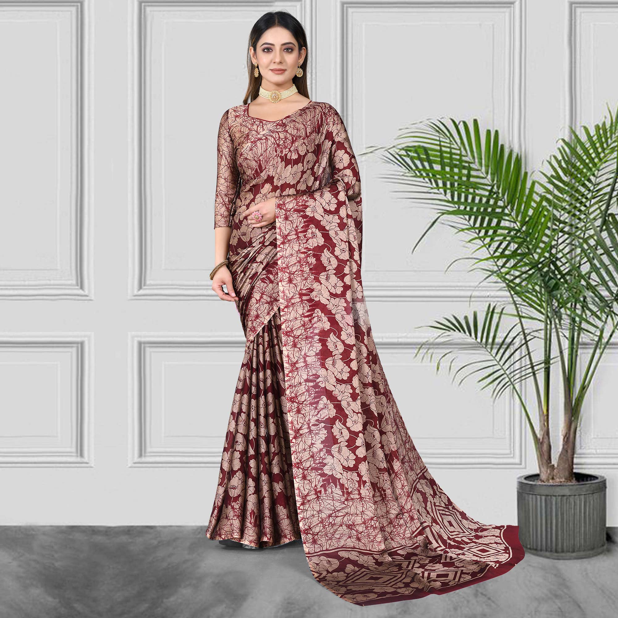 Peachmode Maroon Floral Printed Chiffon Saree