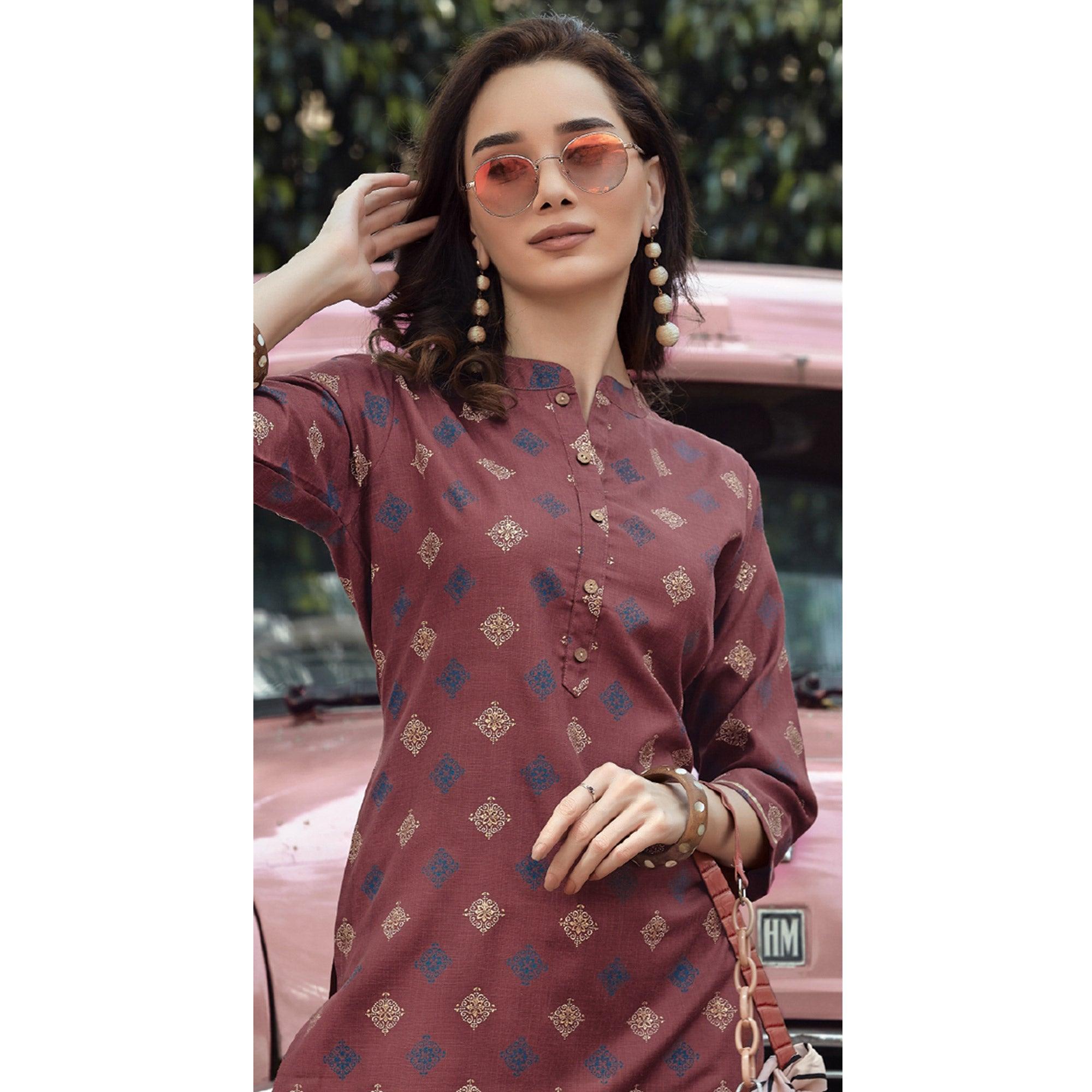 Peachmode Seller Mauve Printed Cotton Blend Kurti - view 4