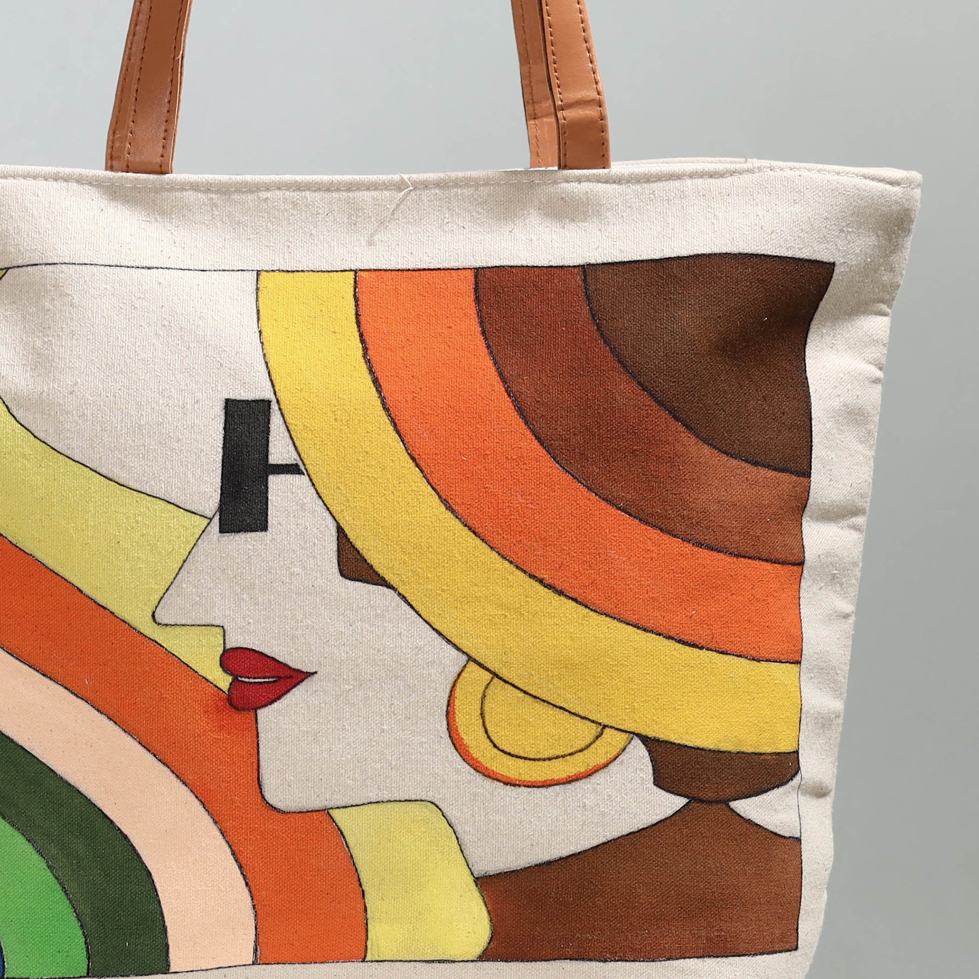 KHUSHBASH - HAPPY LOOM OF EAST Beige - Modern Art - Handpainted Canvas Cotton Shoulder Bag - view 2