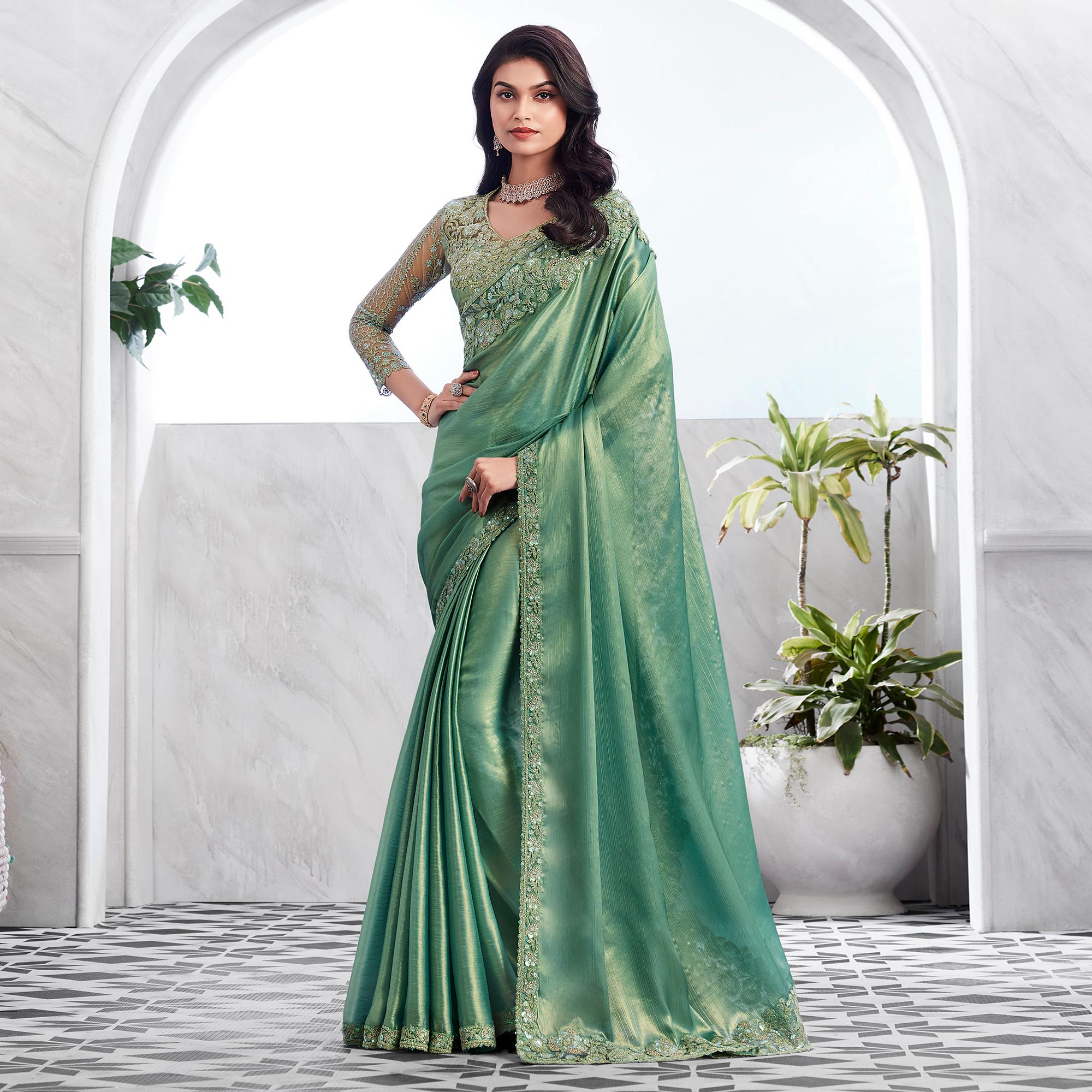 Peachmode Dusty Green Floral Sequins Embroidered Chiffon Saree - view 2