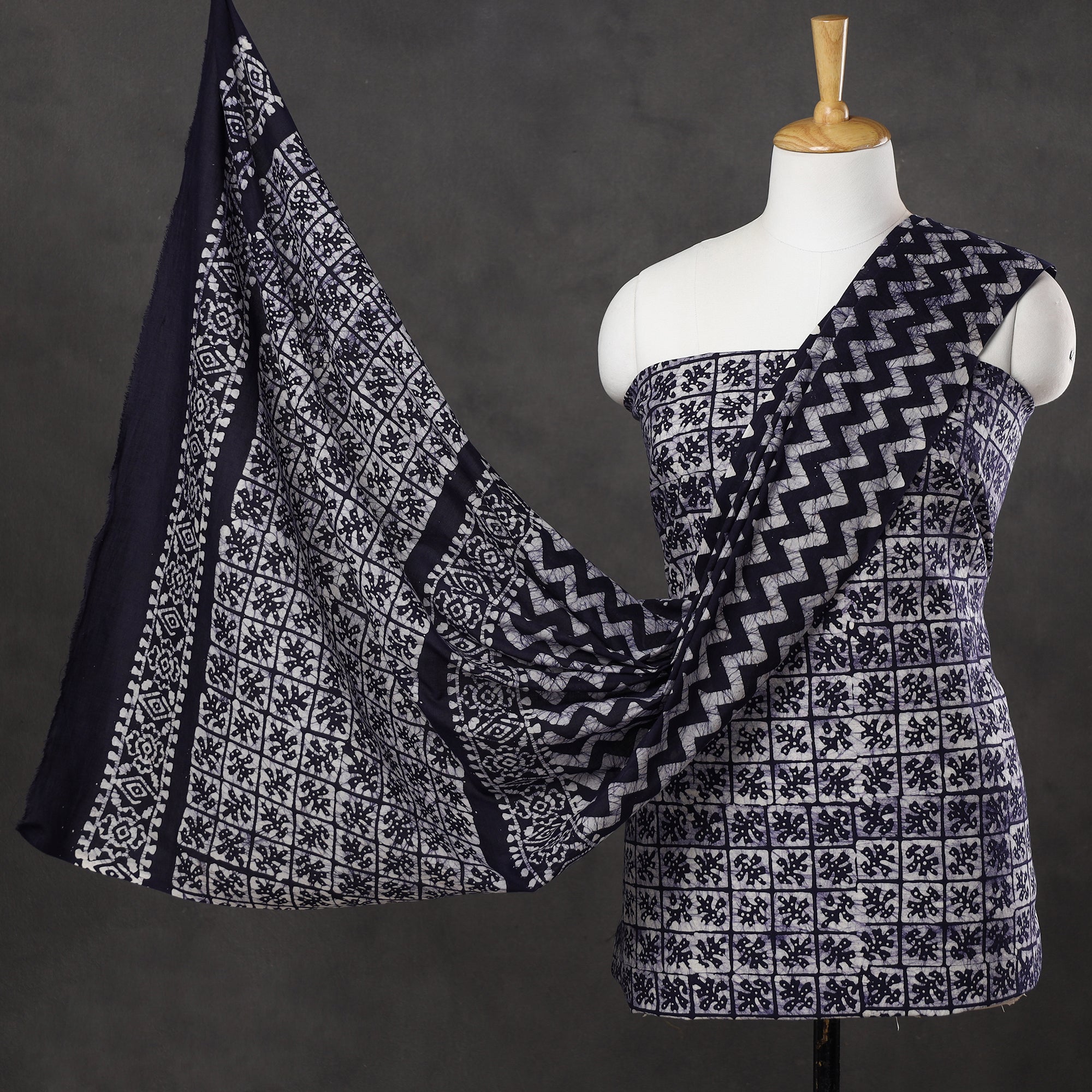 KACHCHH JI CHHAAP Black - 3pc Cotton Kutch Batik Print Dress Material 08