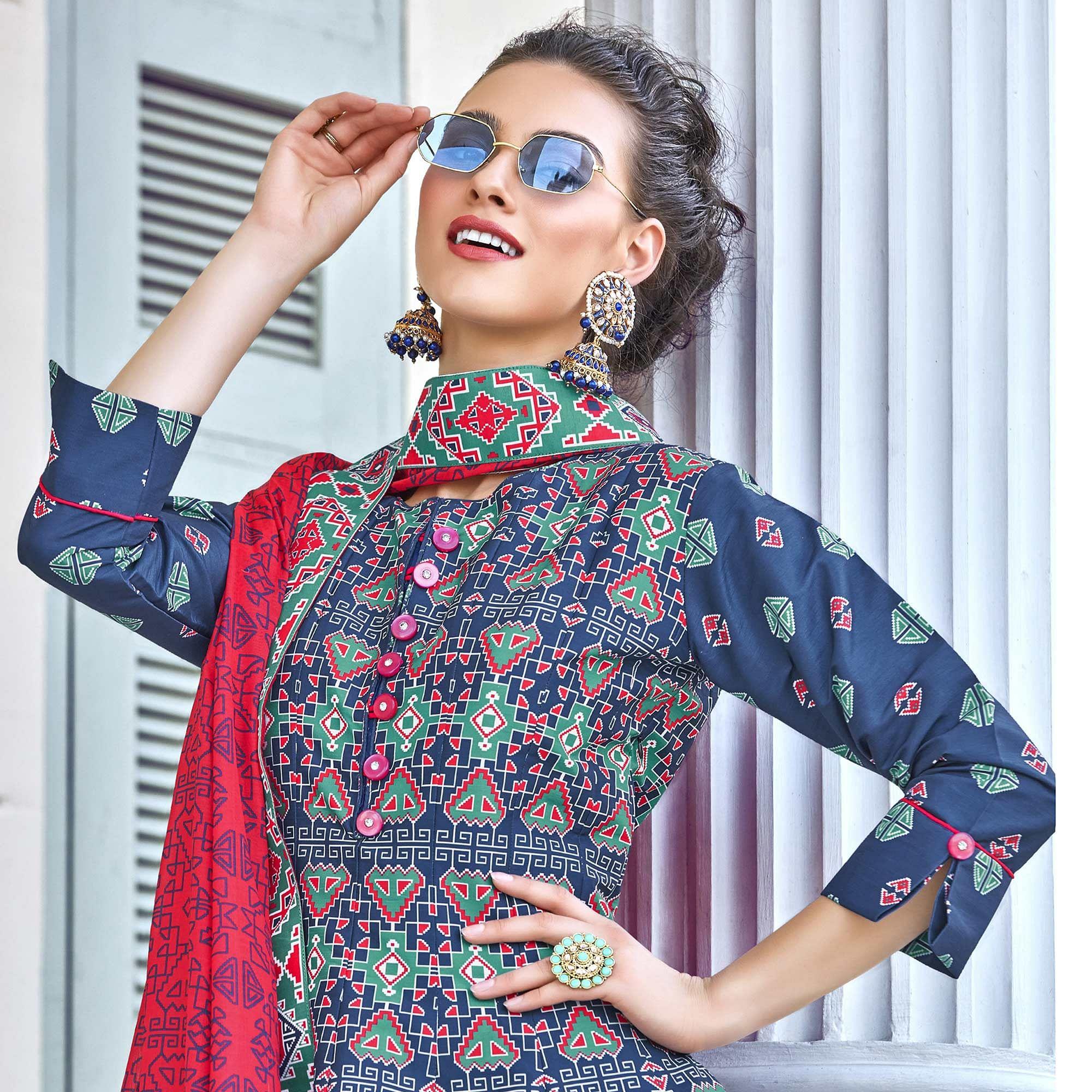 Peachmode Seller Exotic Navy Blue Colored Partywear Designer Digital Patola Print Killer Silk Anarkali Suit - view 2