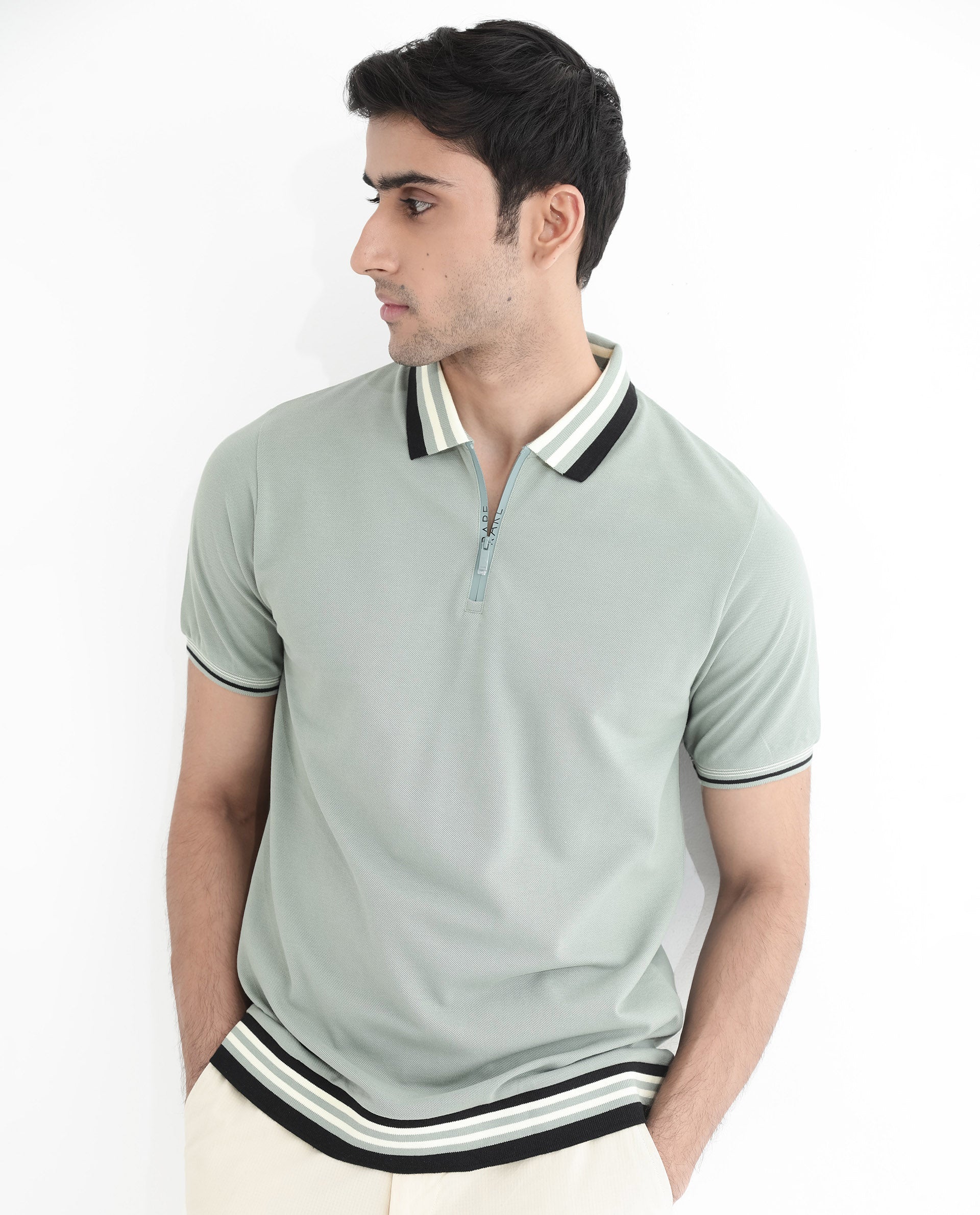 Rare Rabbit Men's Zyte Dusky Green Cotton Fabric Short Sleeves Regular Collar Zipper Closure Plain Knit Polo T-Shirt - view 5