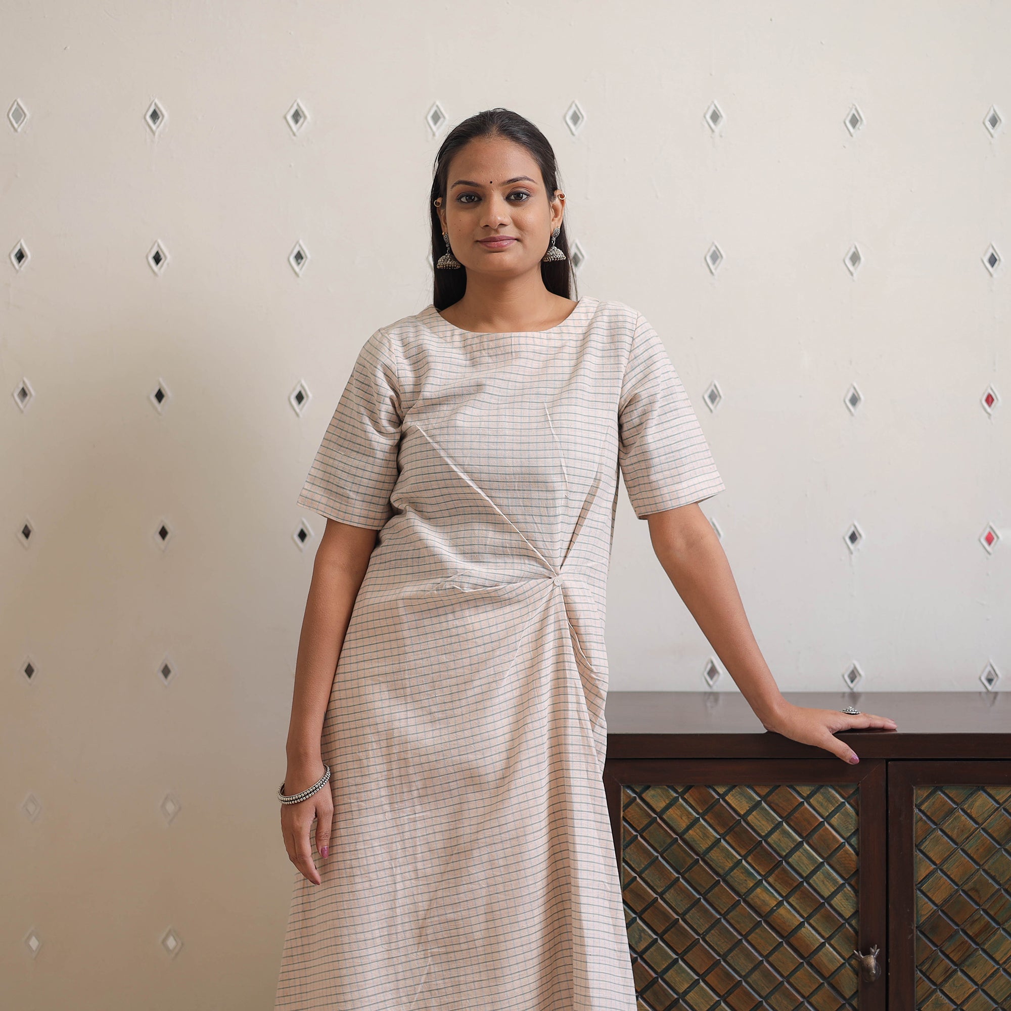 CREYO Beige - Handwoven Front Tuck Checks Cotton Kurta 30