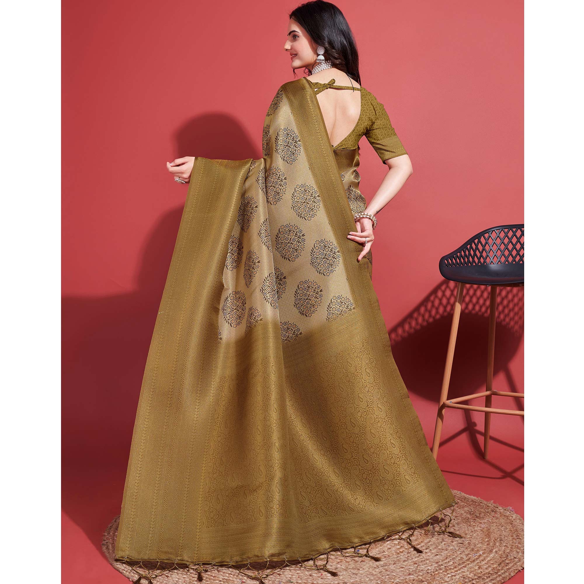 Peachmode Dark Mustard Floral Digital Printed With Woven Banarasi Silk Saree - view 6