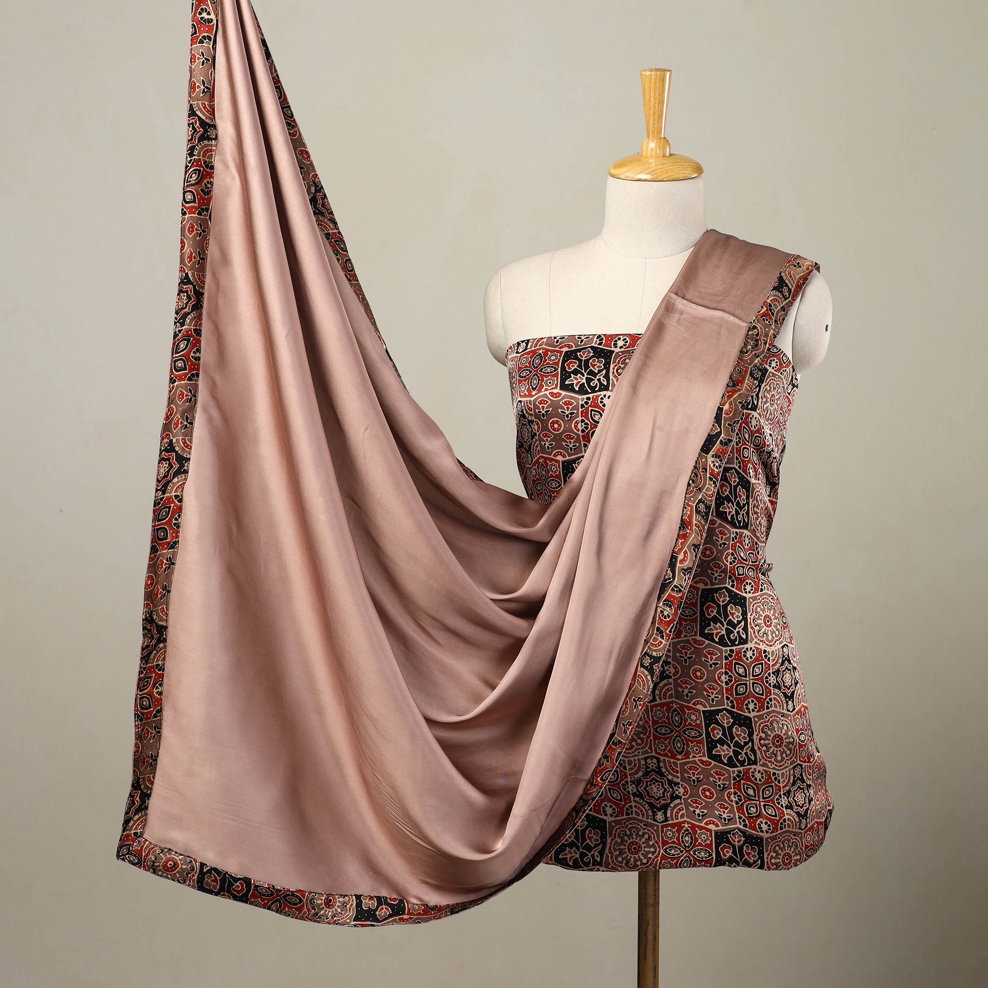 NOORI BAZAR Brown - 3pc Modal Silk Ajrakh Print Kurta with Plain Dupatta 06