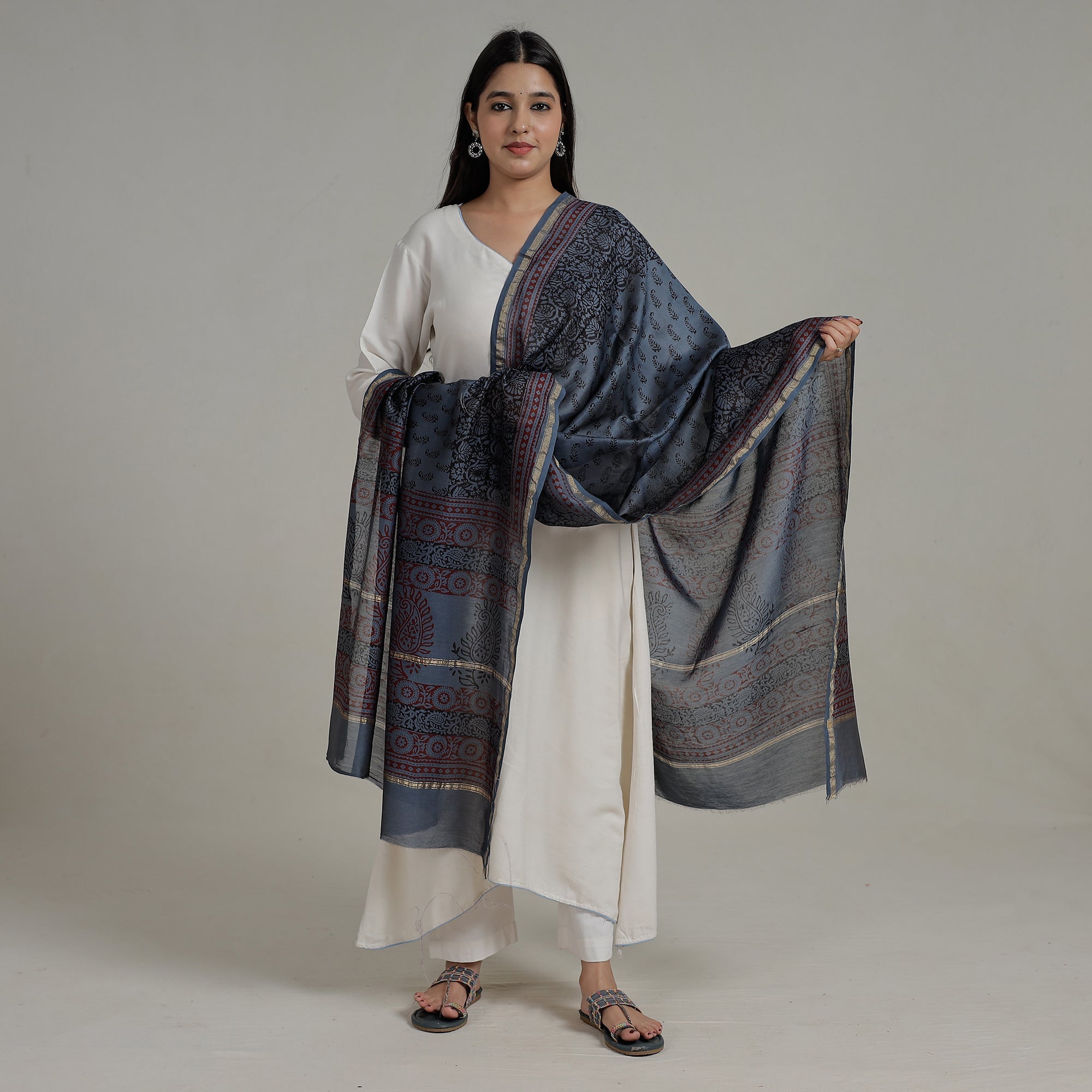 BAGH PRINTS BY YAKOOB KHATRI Blue - Block Printed Chanderi Silk Bagh Dupatta 35