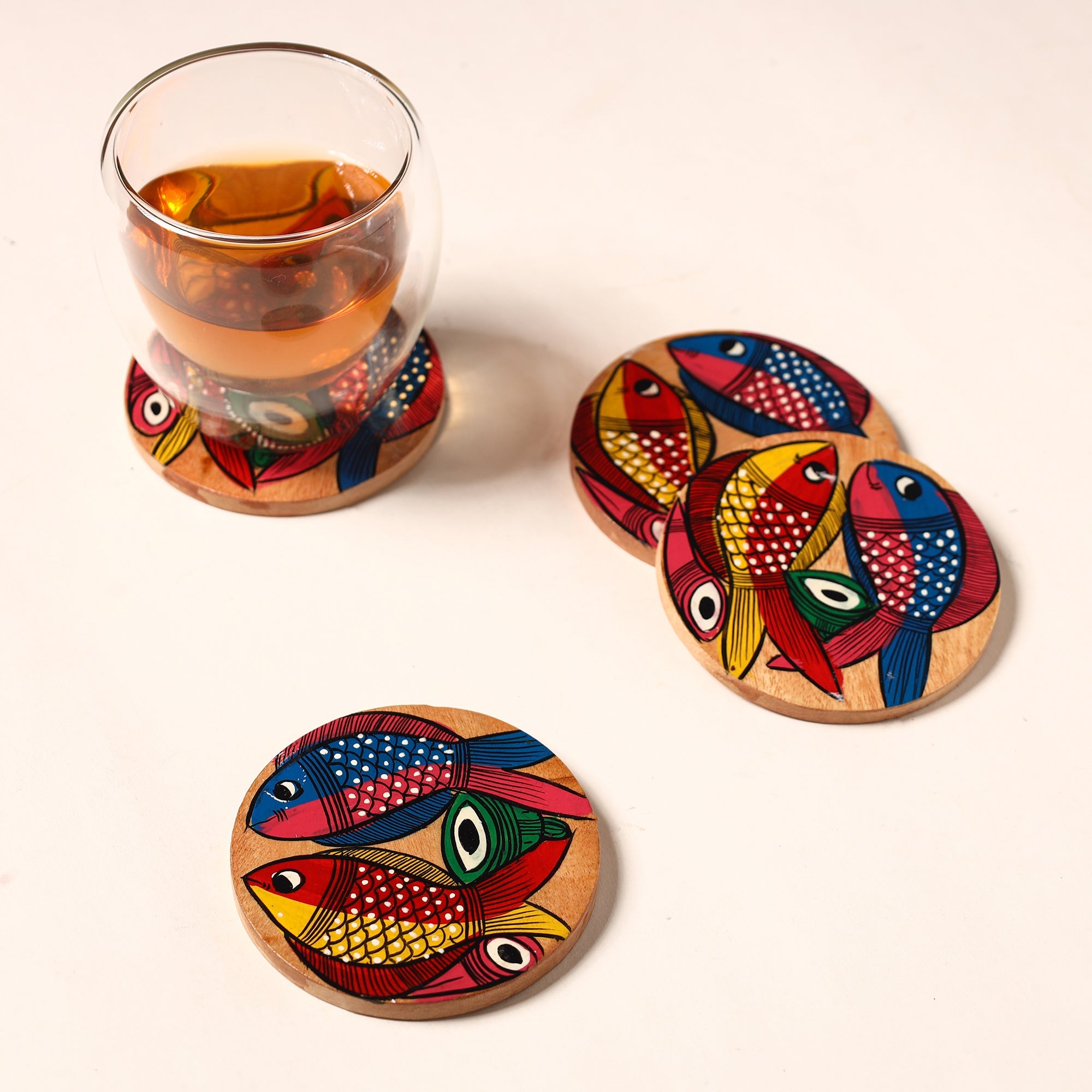 ITOKRI CRAFTS INITIATIVE Bengal Patua Handpainted Akashmoni Wooden Coasters (Set of 4) 38