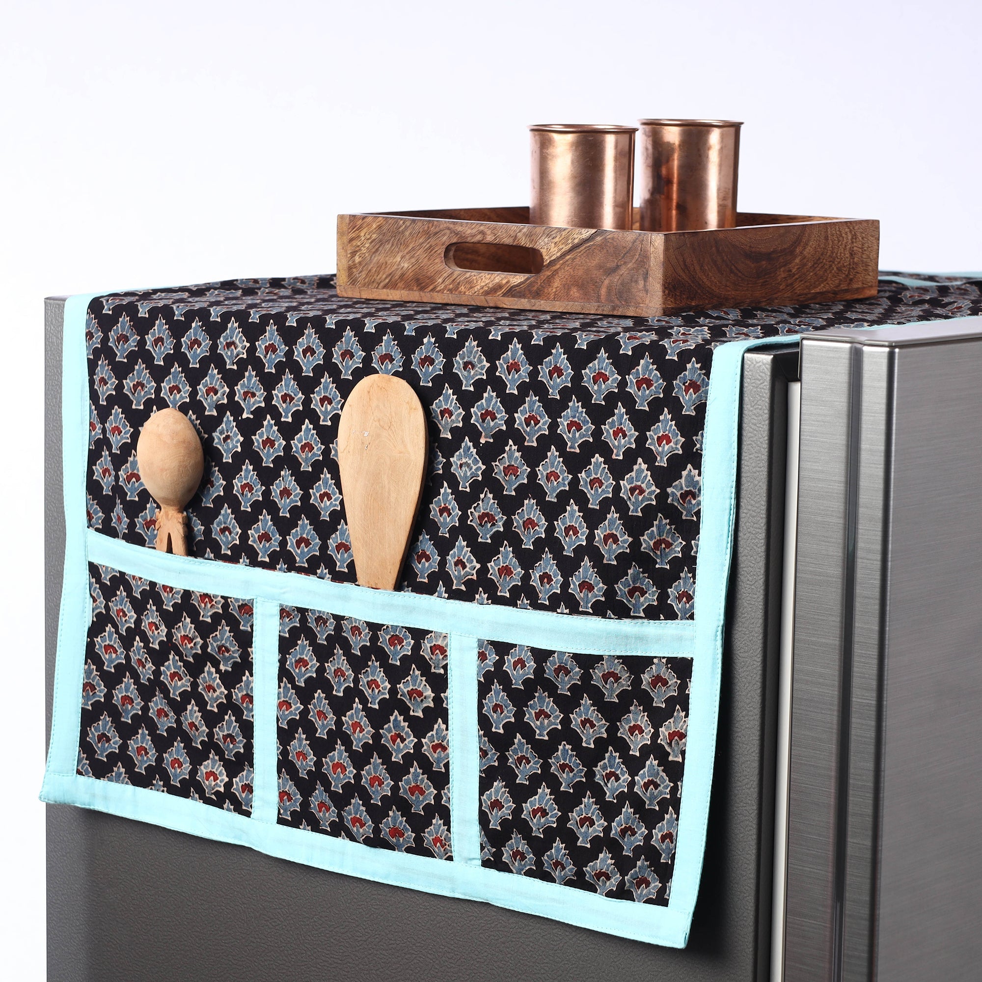 JALPARI Black - Ajrakh Block Printed Cotton Fridge Top Cover with Multiple Pockets
