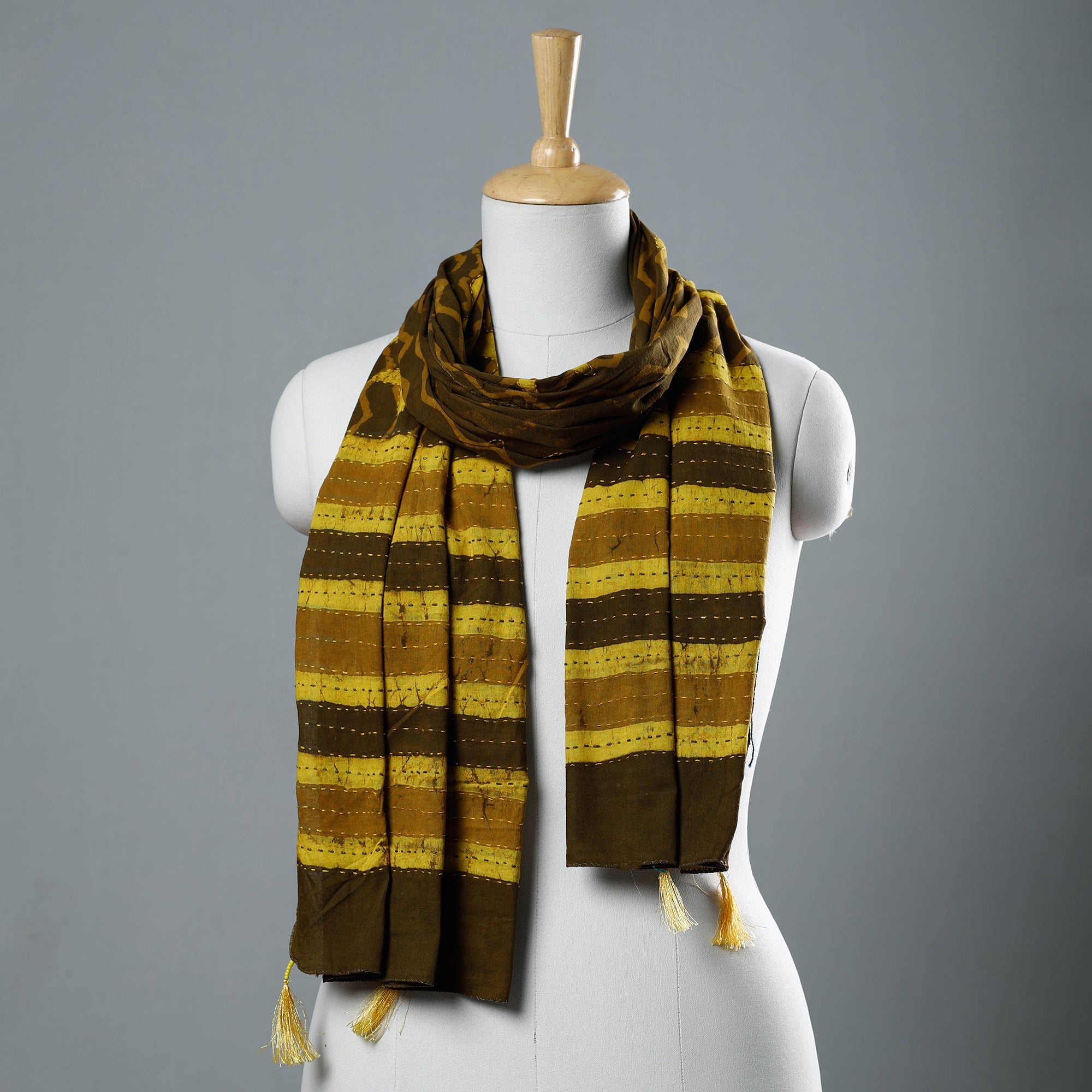 ARTISAN HAND BLOCK PRINTS Brown - Bagru Block Printed Tagai Work Cotton Stole with Tassels