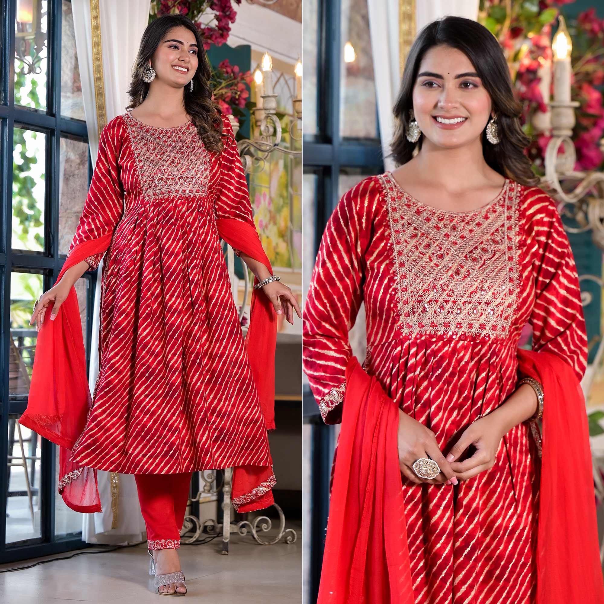 Peachmode Maroon Leheriya Printed Naira Cut Rayon Salwar Suit