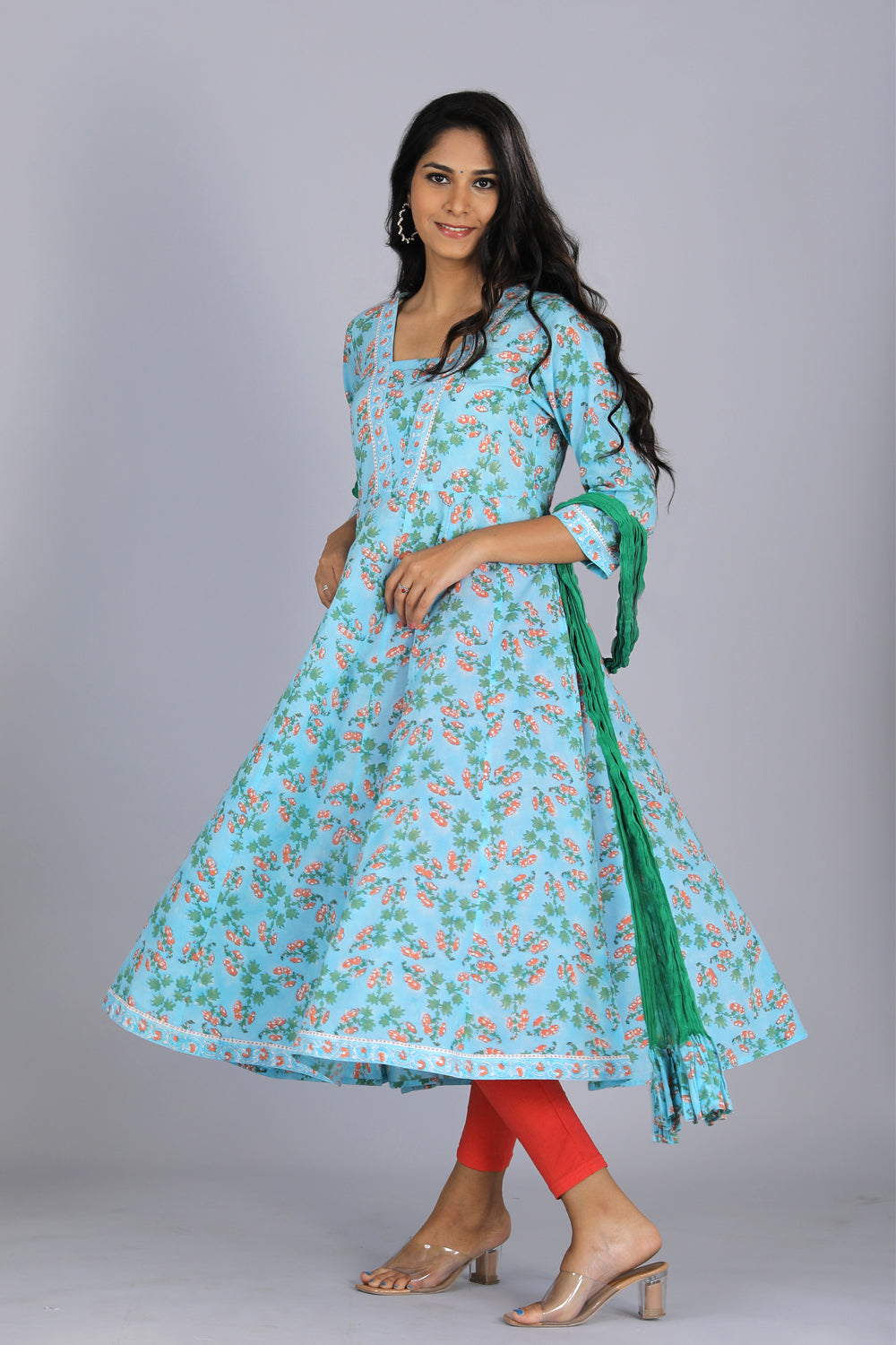 Kalanjali Ethnics Handblock printed Anarkali and dupatta set - view 3