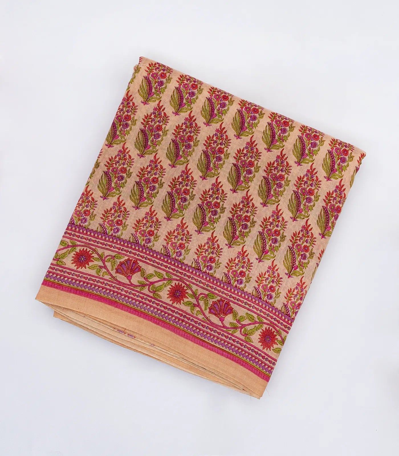 RmKV Light Peach Handloom Chanderi Cotton Saree With Printed Floral Motifs
