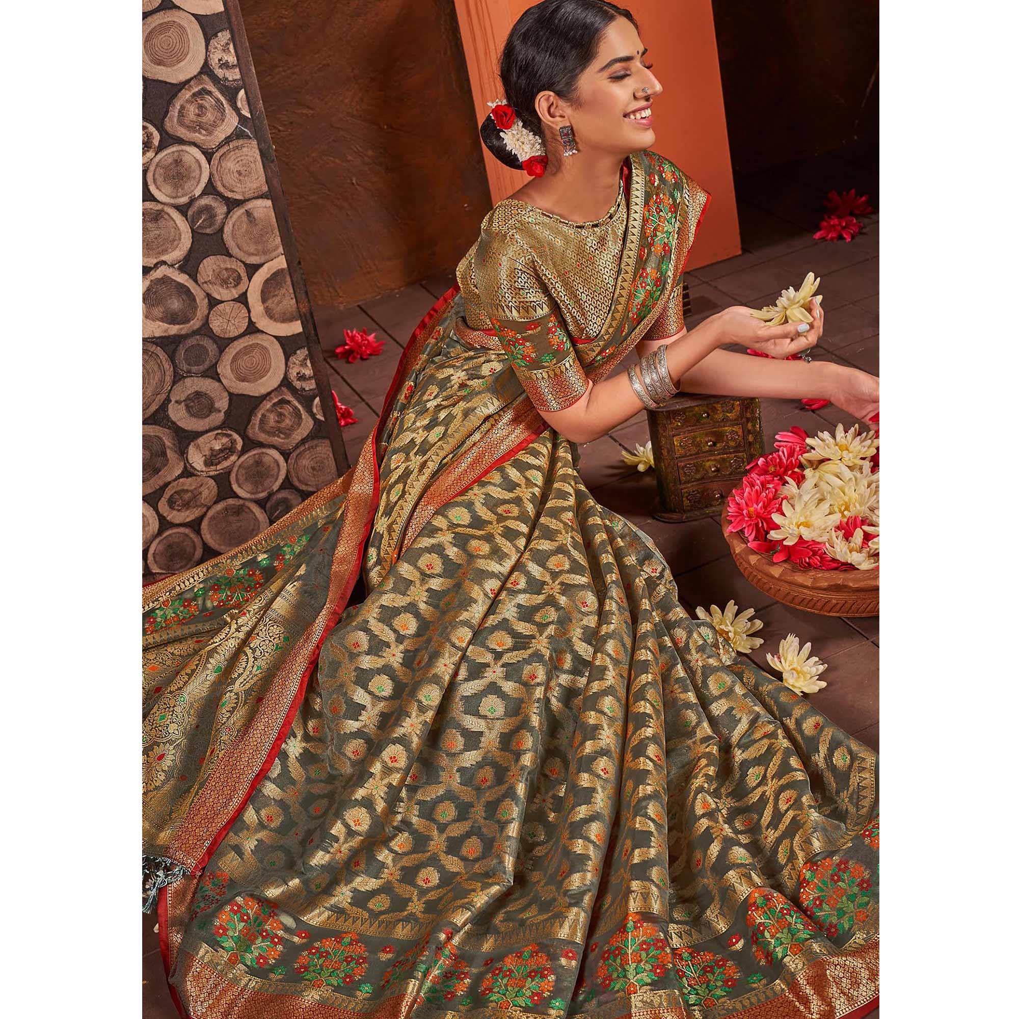 Peachmode Grey Woven Organza Saree With Tassels - view 3