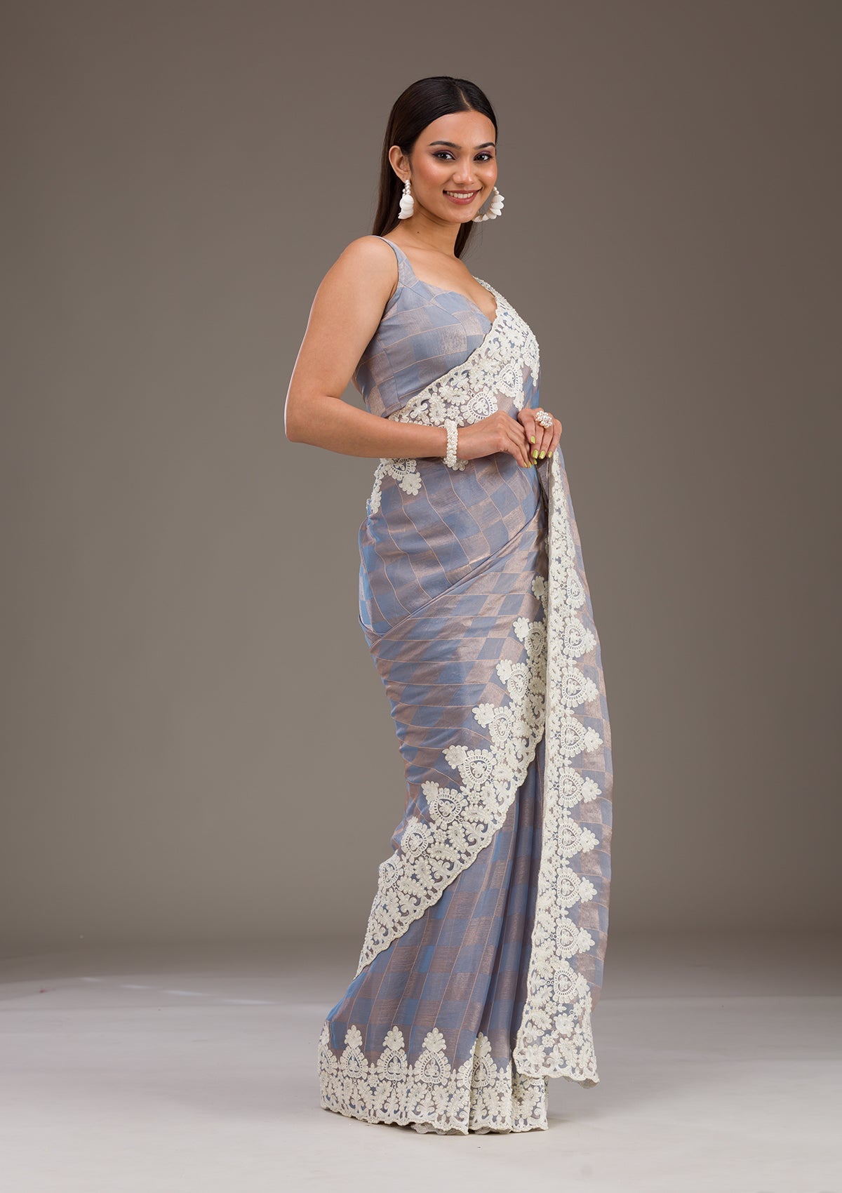 Koskii Grey Pearlwork Tissue Saree – Women's - view 5