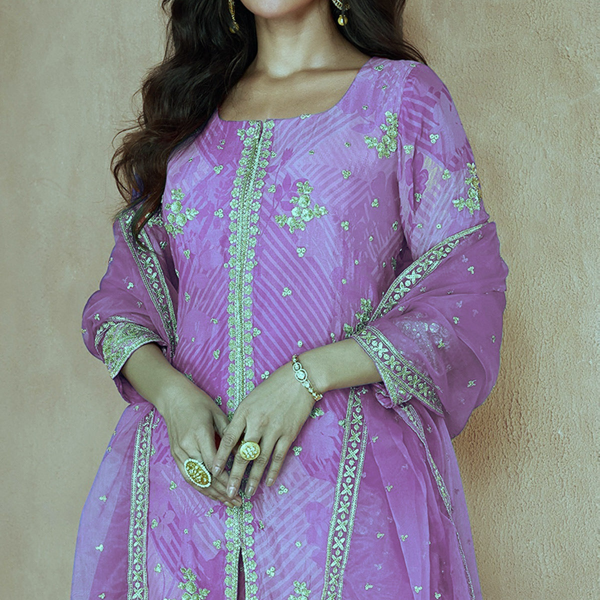Peachmode Purple Sequins Embroidered Georgette Sharara Suit - view 2