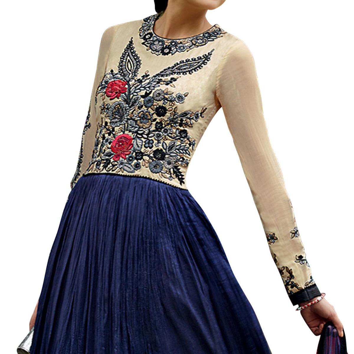 Peachmode Cream - Blue Floral Embroidered Anarkali Style Art Silk Gown - view 2