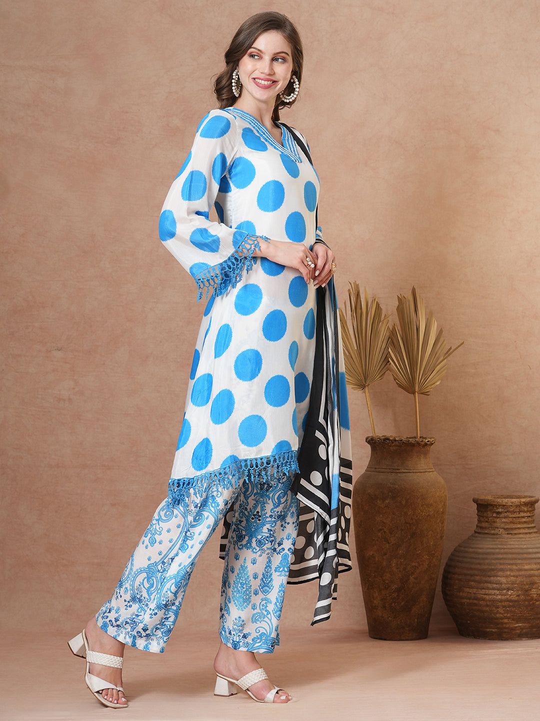 FASHOR Abstract Polka Dot Printed A-Line Kurta with Pant & Dupatta - Blue