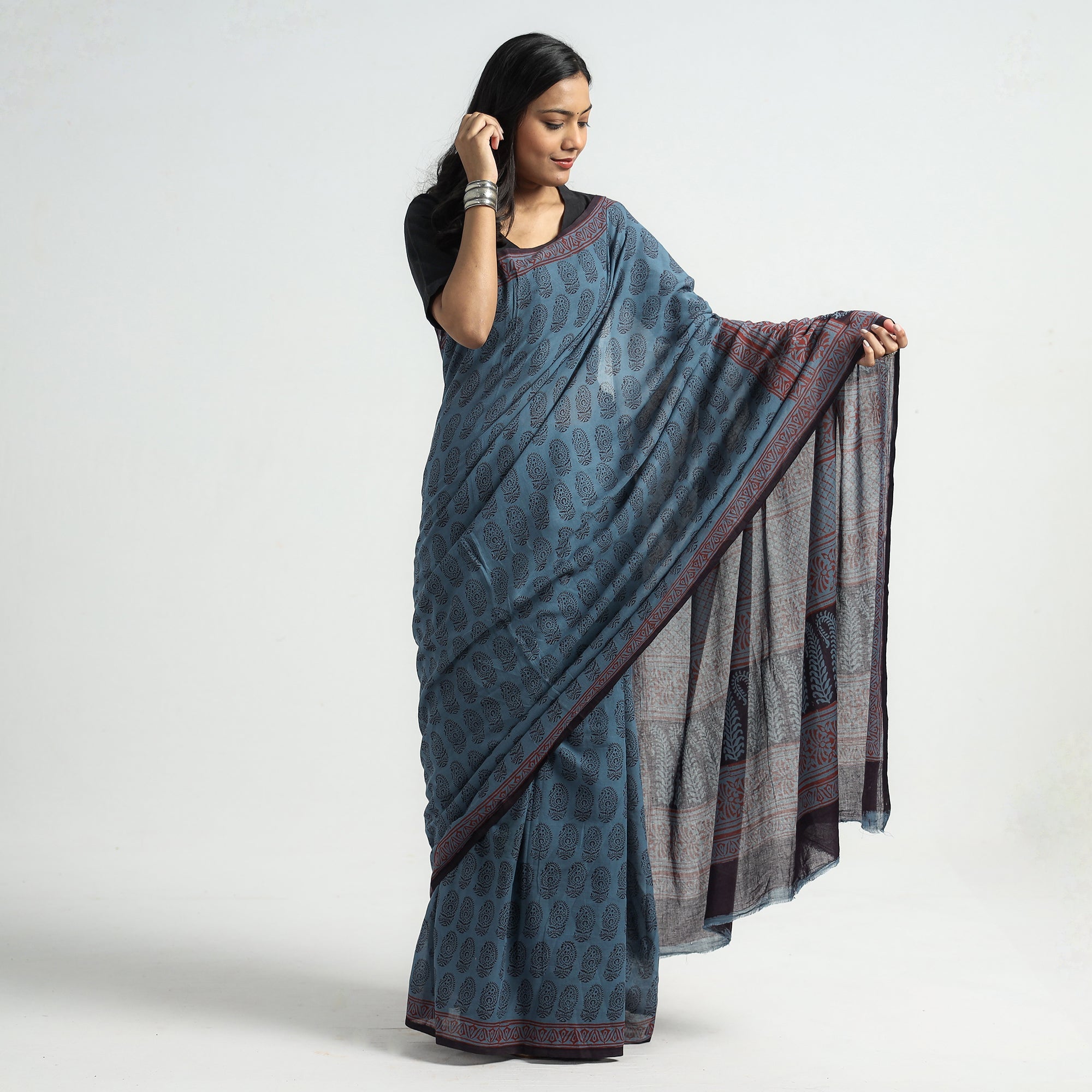 BAGH PRINTS BY YAKOOB KHATRI Blue - Bagh Hand Block Printed Cotton Saree - view 2