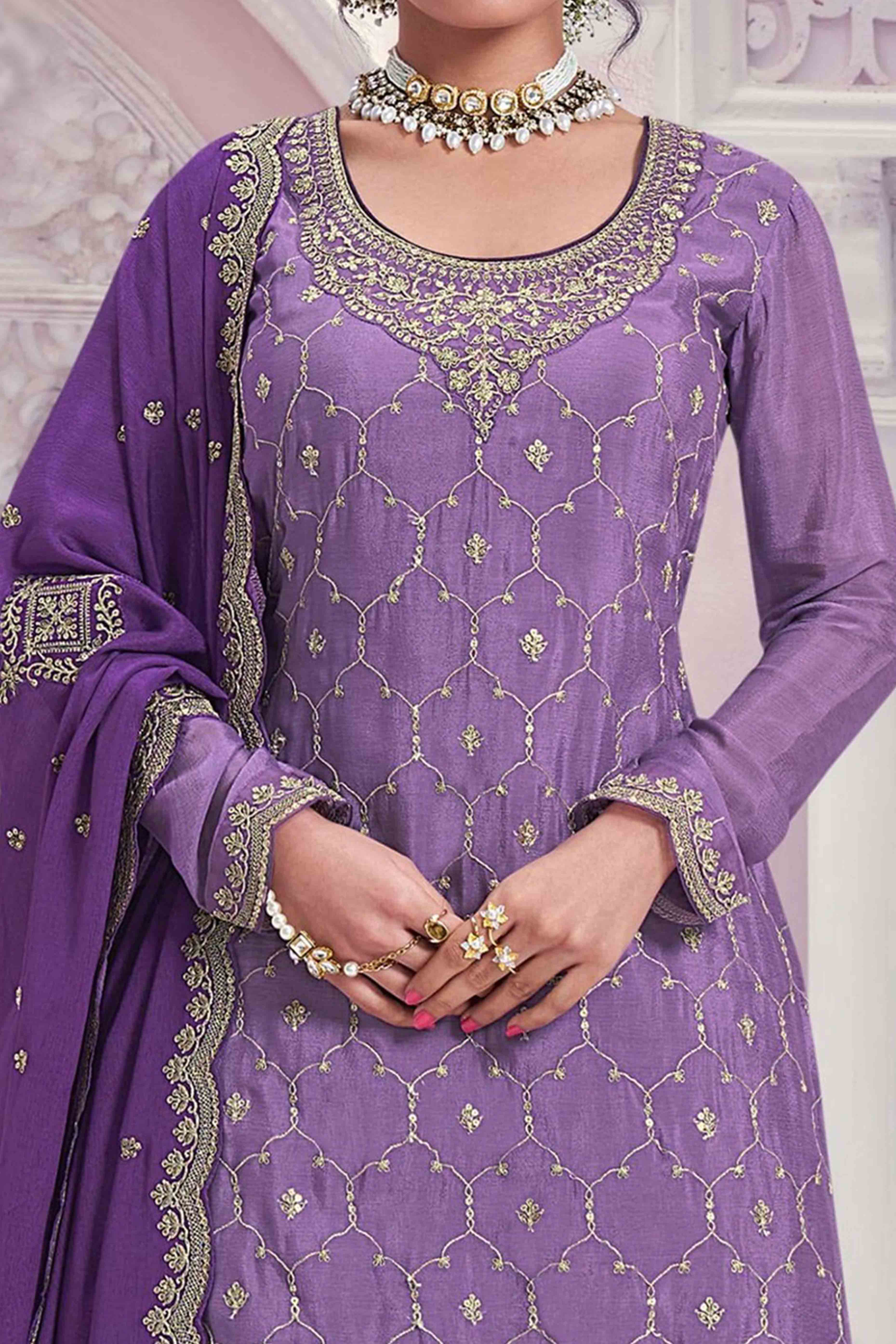 Peachmode Seller Lavender Sequins Embroidered Chinon Sharara Suit - view 2