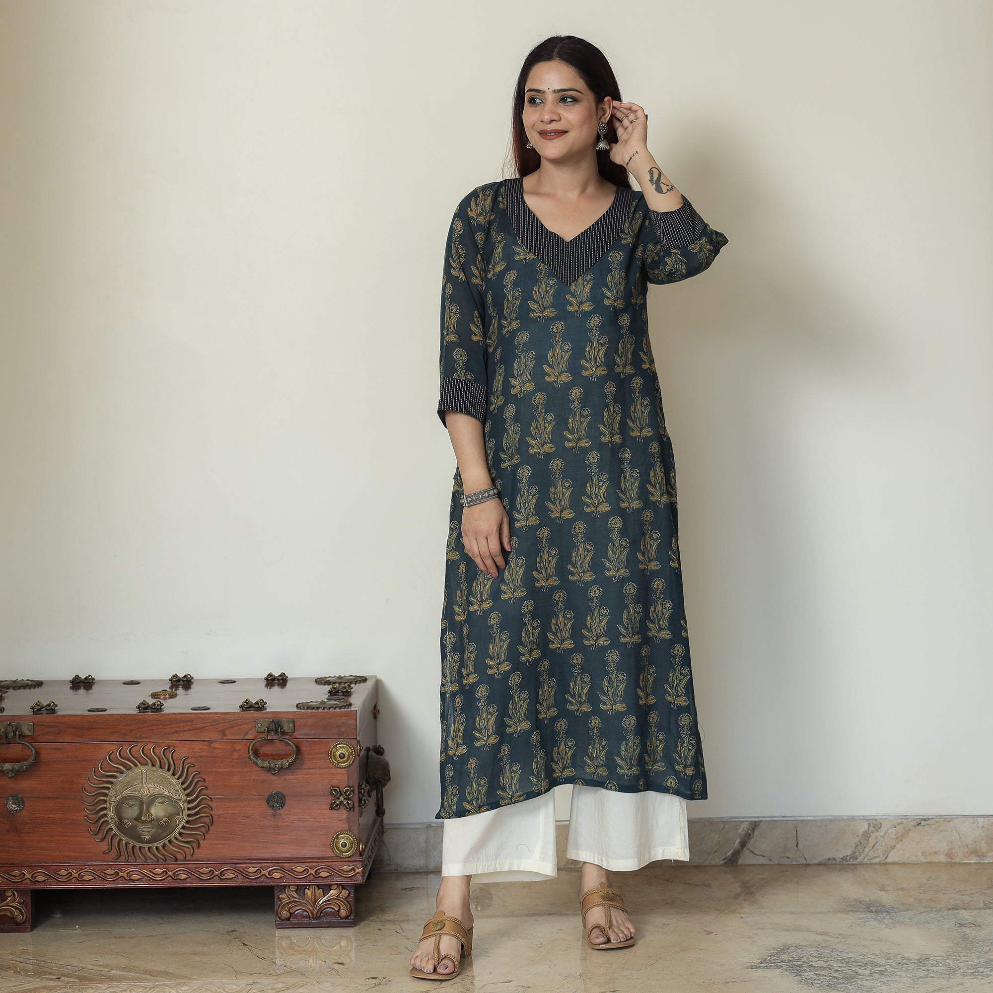 ITOKRI CASUALS Blue - Ajrakh Block Printed Mul Cotton Straight Kurta 15 - view 2