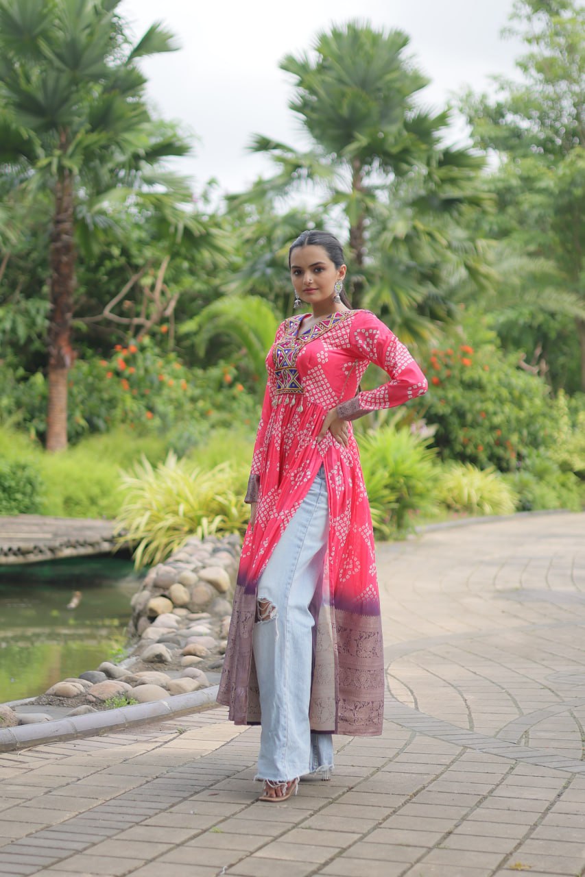 ClothsVilla.com Magenta Designer Printed Kurti in Heavy Cotton with Kutchi Gamthi Lace and Kodi Work