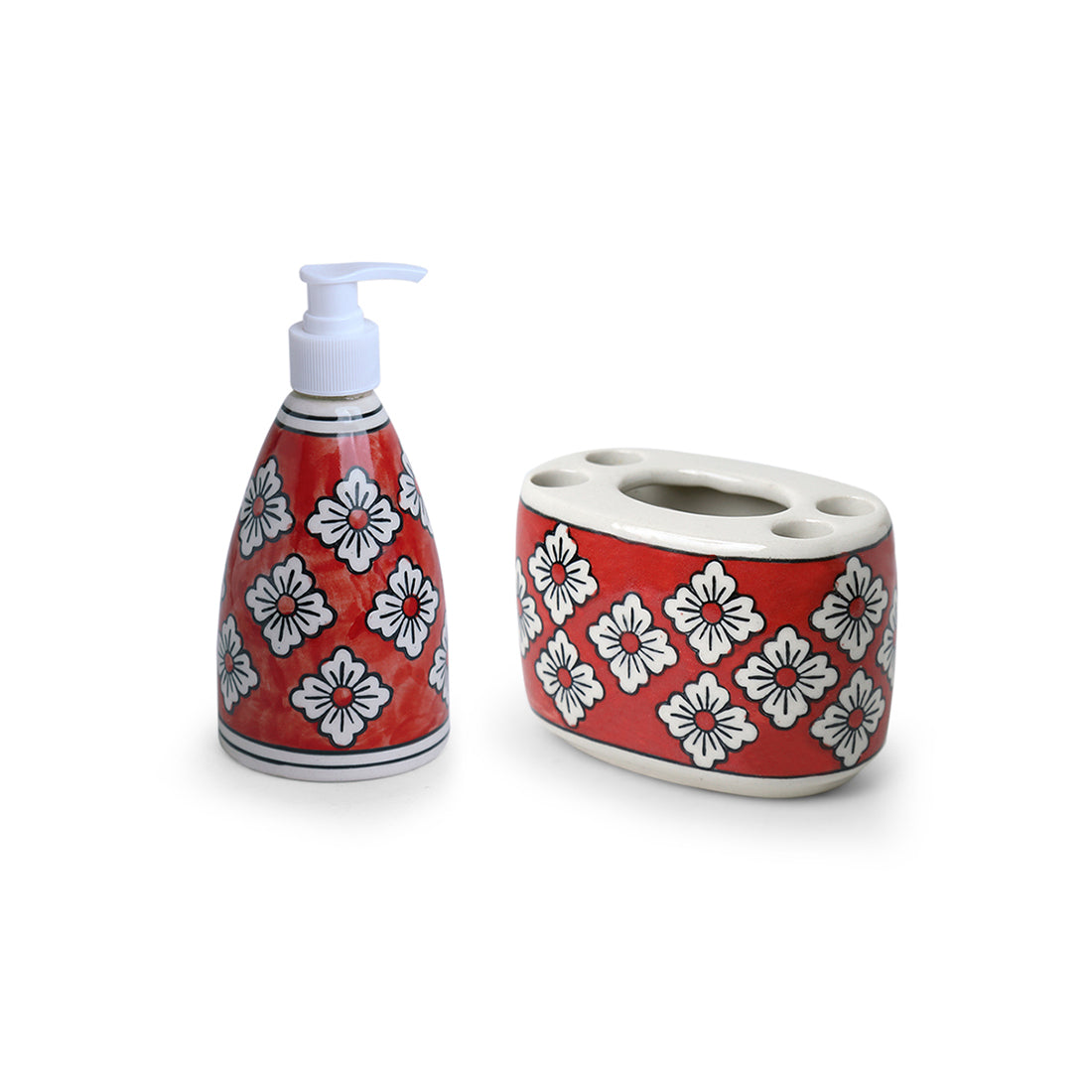 EXCLUSIVELANE 'Crimson Lily' Handpainted Bathroom Accessory Set In Ceramic (Liquid Soap Dispenser, Toothbrush Holder) - view 2