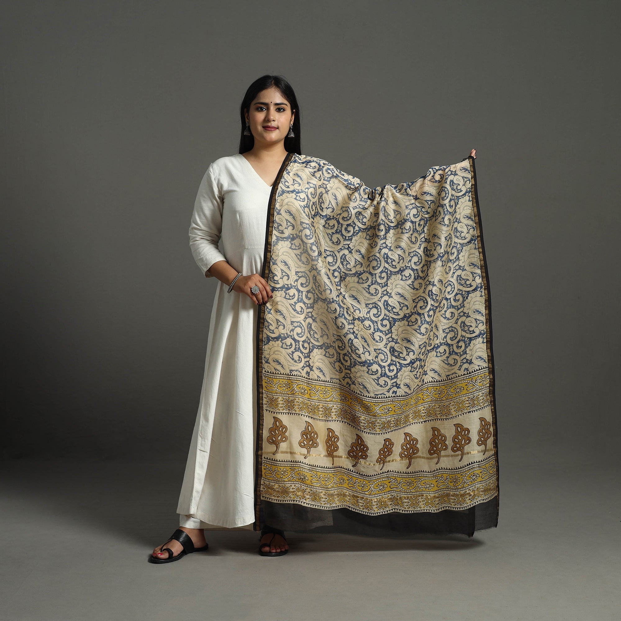 ARTISAN HAND BLOCK PRINTS Blue - Chanderi Silk Block Print Bagru Dupatta 10