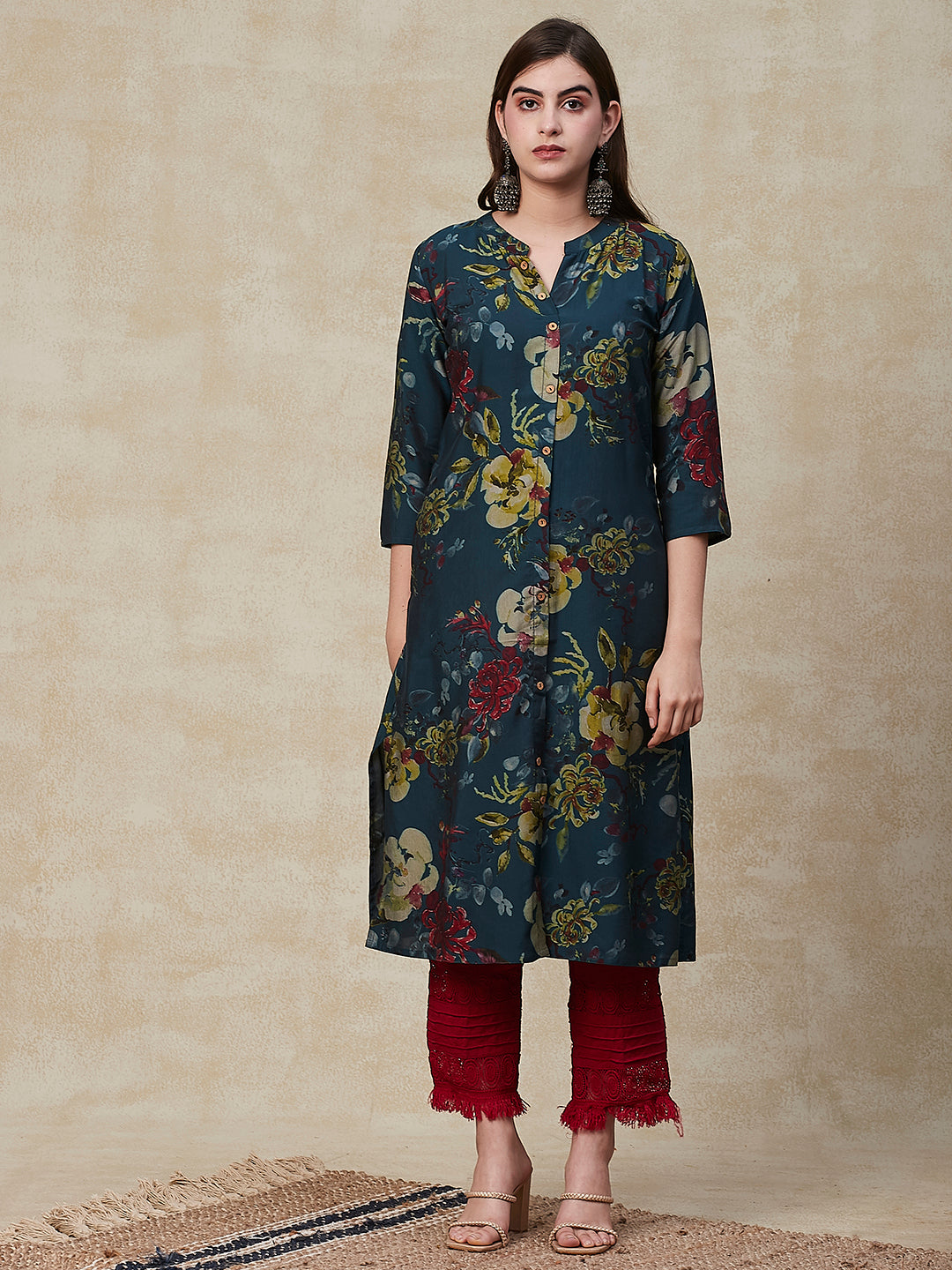 Fashor Floral Printed Wooden Buttoned A-line Kurta - Green