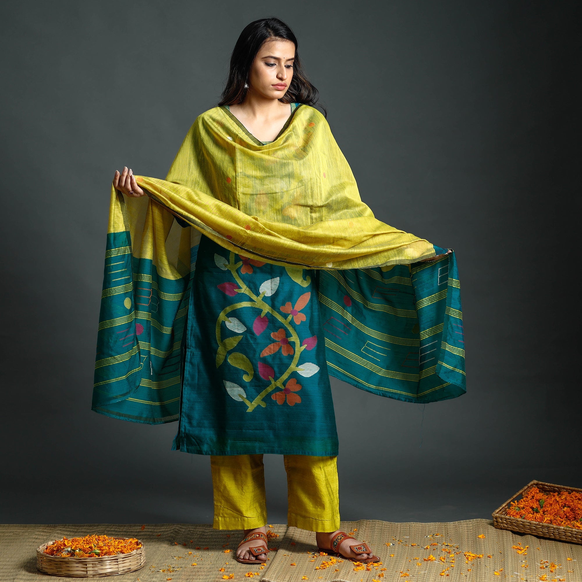 ITOKRI CASUALS Pine Green & Yellow Phulia Jamdani Handloom Silk Cotton Kurta with Palazzo & Dupatta Set