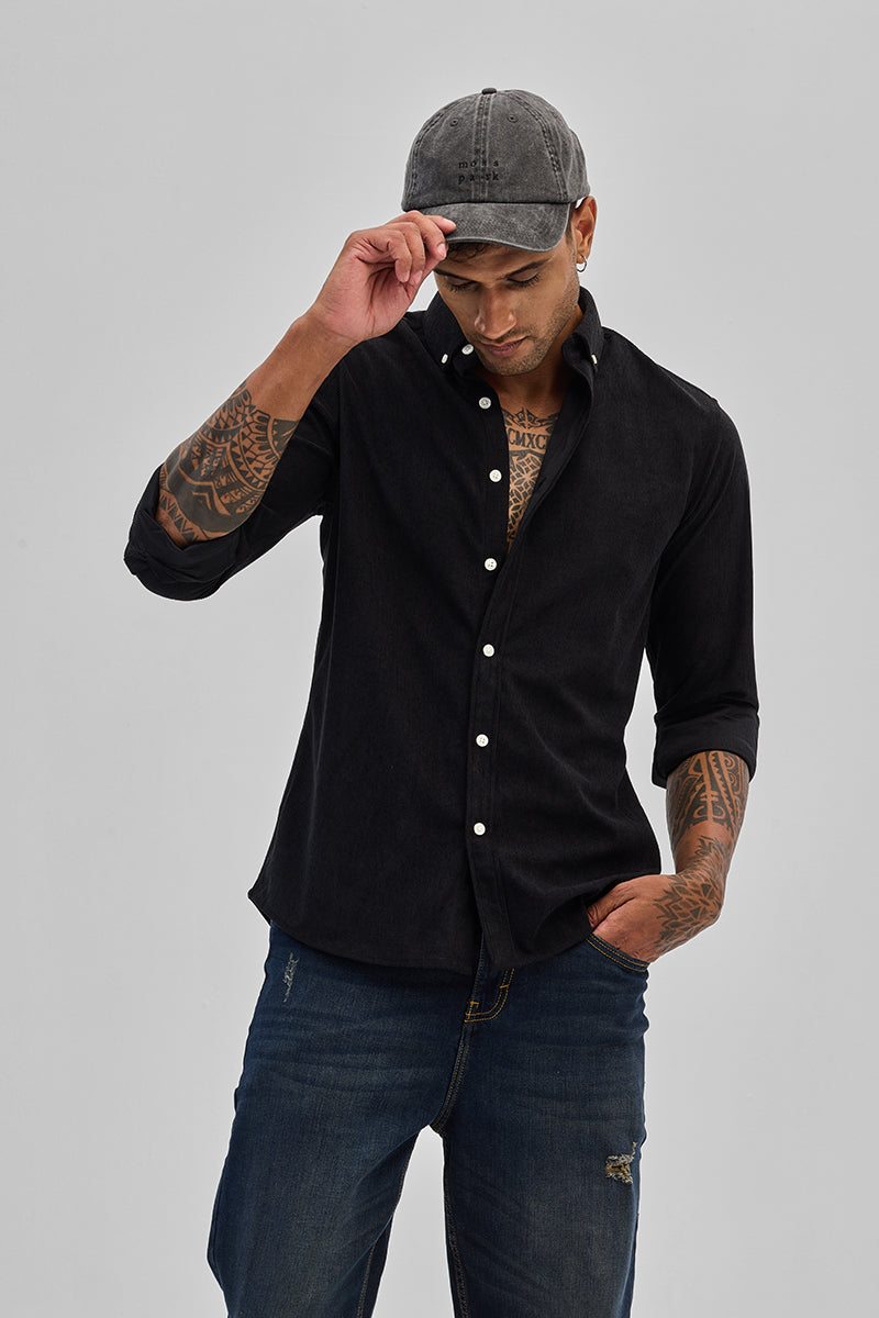 SNITCH Black Slim Fit Corduroy Shirt