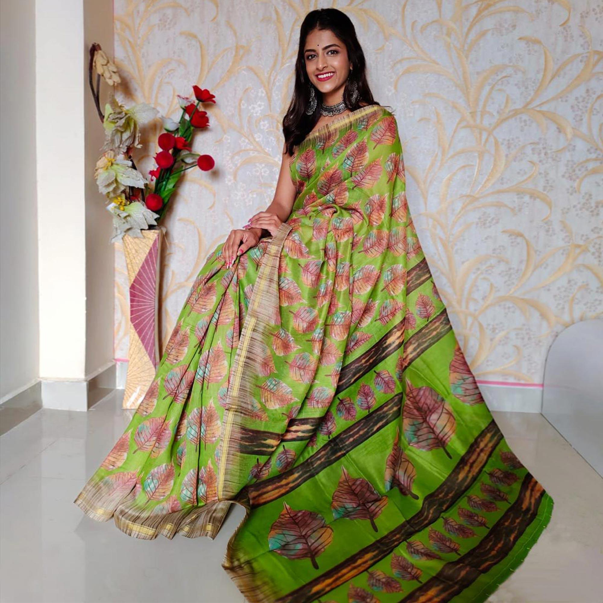 Peachmode Light Green Casual Wear Digital Printed Chanderi Silk Saree