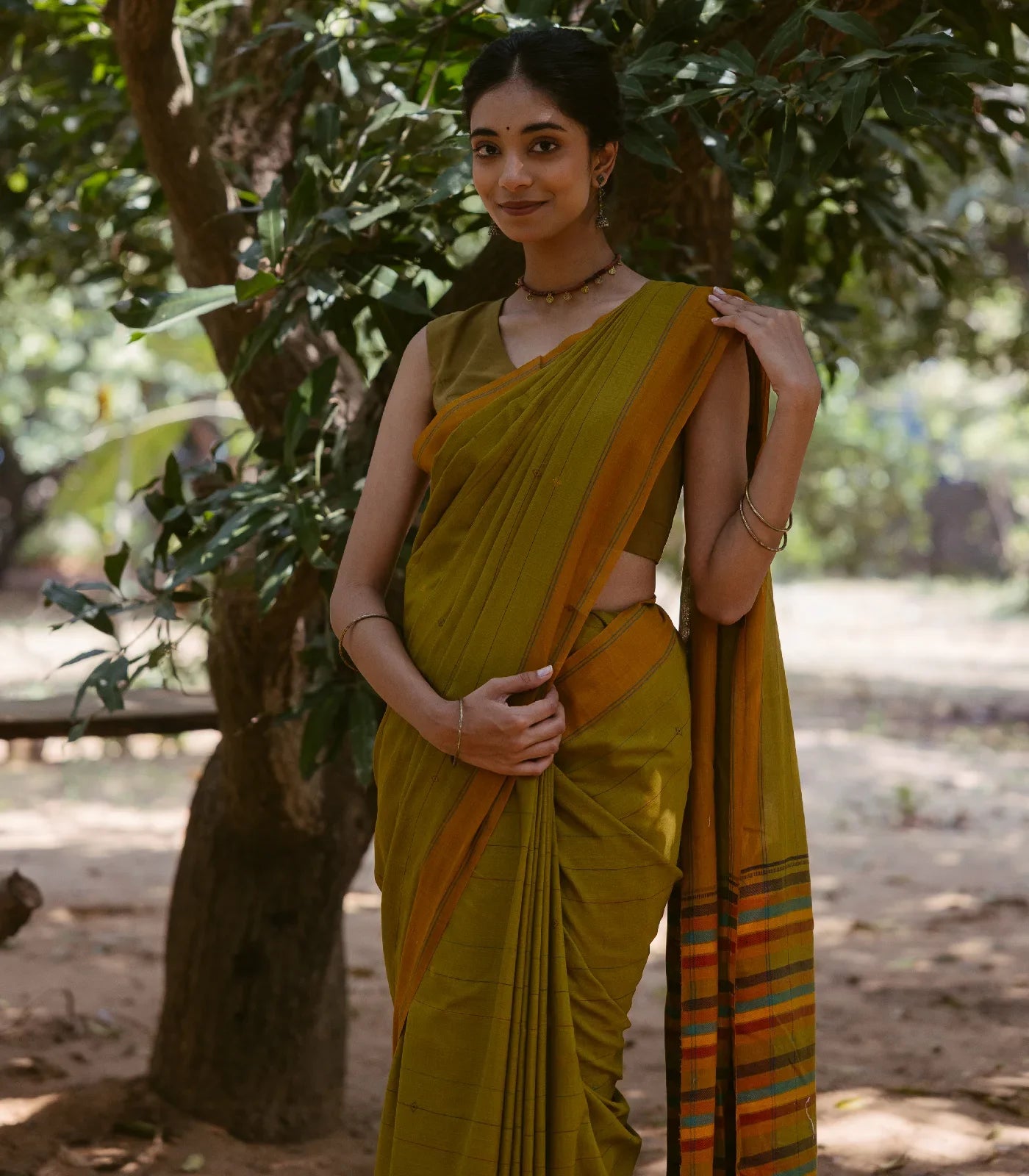 RmKV Olive Green Handloom Bengal Cotton Saree With ( Dora ) Stripes in Green, Brown and Red - view 2