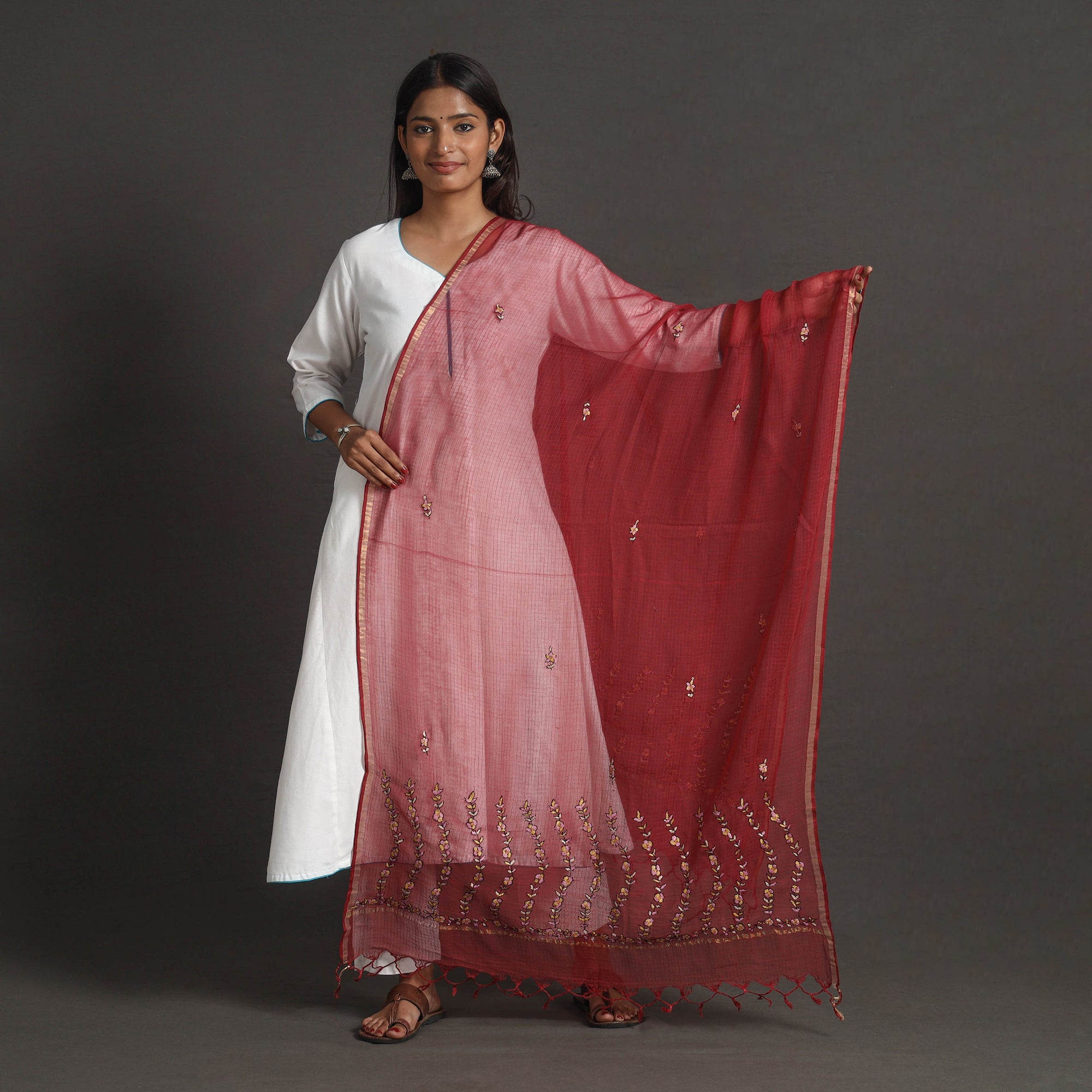 ITOKRI CRAFTS INITIATIVE Kota Doria Silk Cotton Kashida Embroidery Dupatta 51