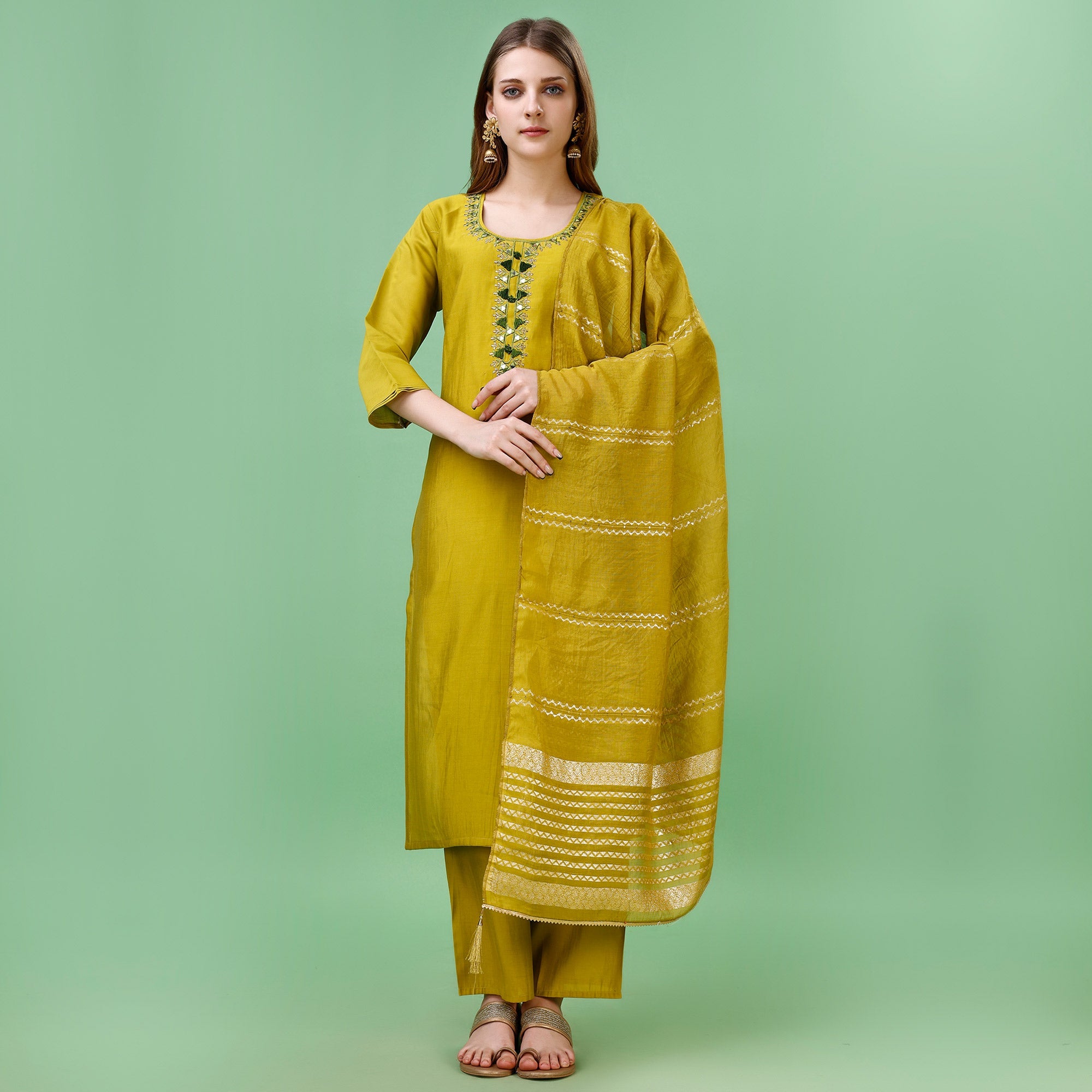Peachmode Seller Mehendi Green Mirror Embroidered Viscose Salwar Suit - view 2