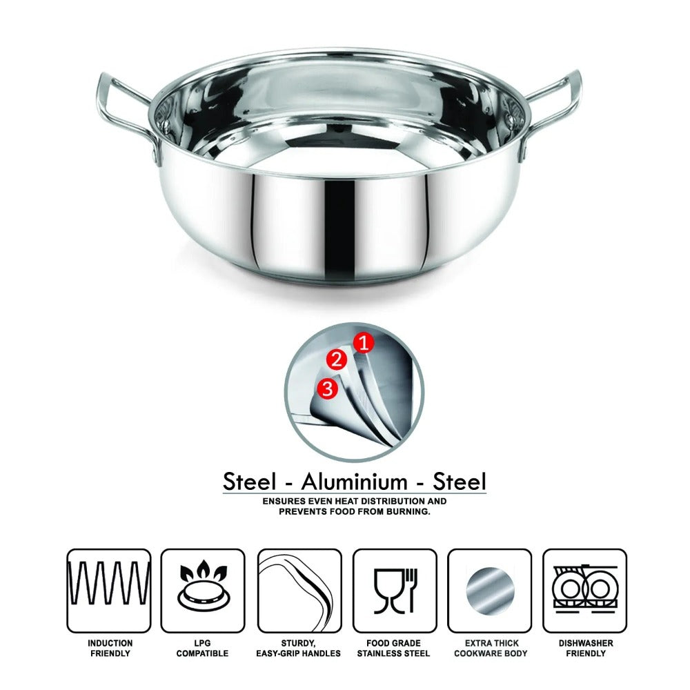 AVIAS Platinox (Casserole 1000 ML + Casserole 1500 ML + Kadhai 22 cm) | Silver | Set of 3 Pcs - view 4