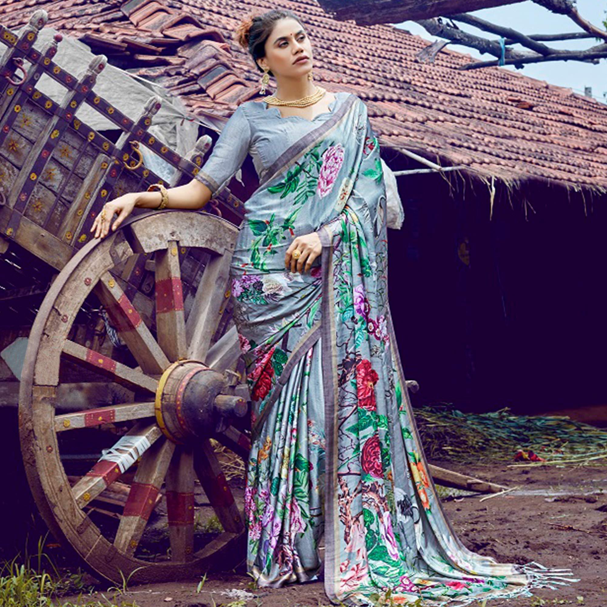 Peachmode Elegant Gray Colored Casual Digital Printed Satin Crepe Saree