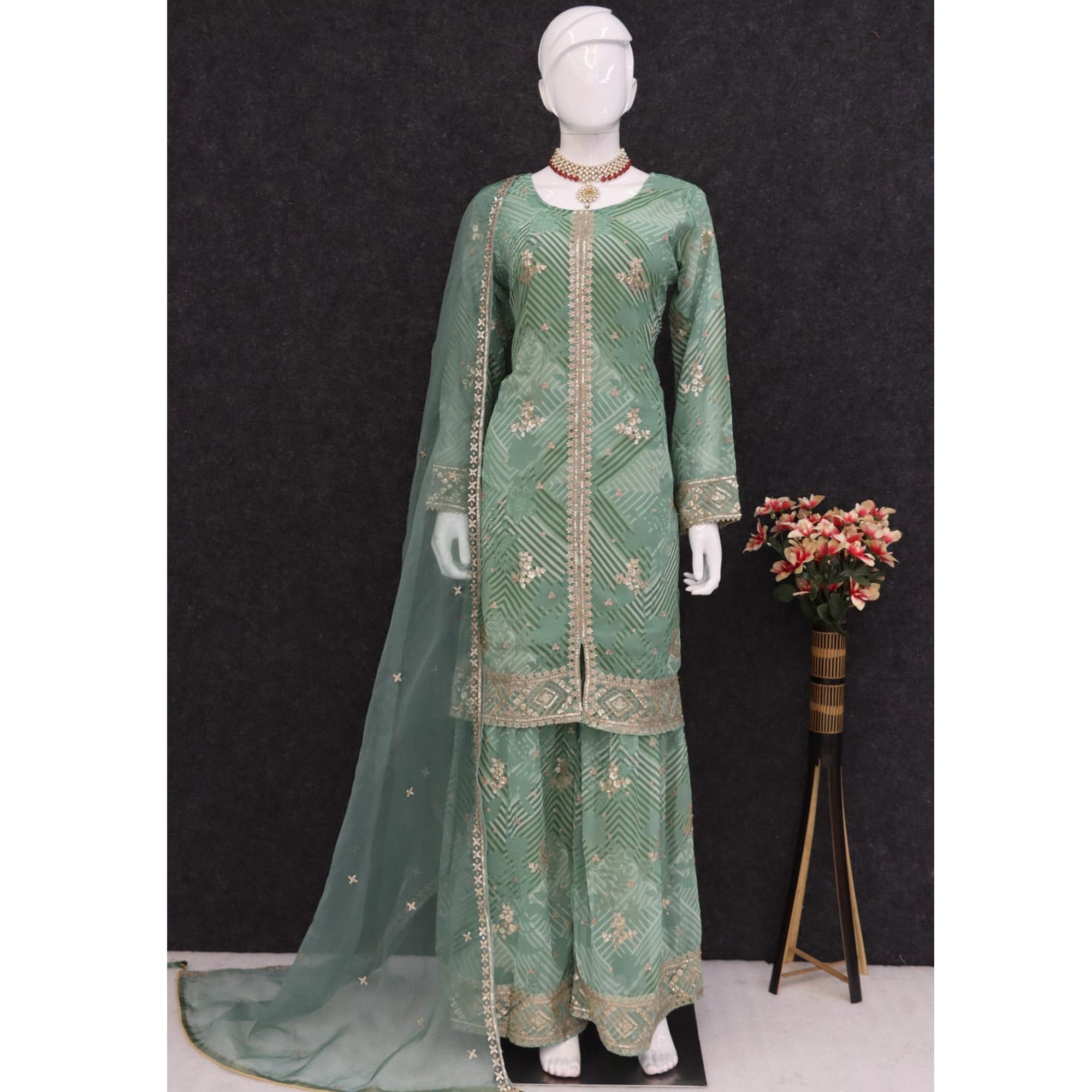 Peachmode Seller Dusty Green Sequins Embroidered Georgette Sharara Suit - view 3