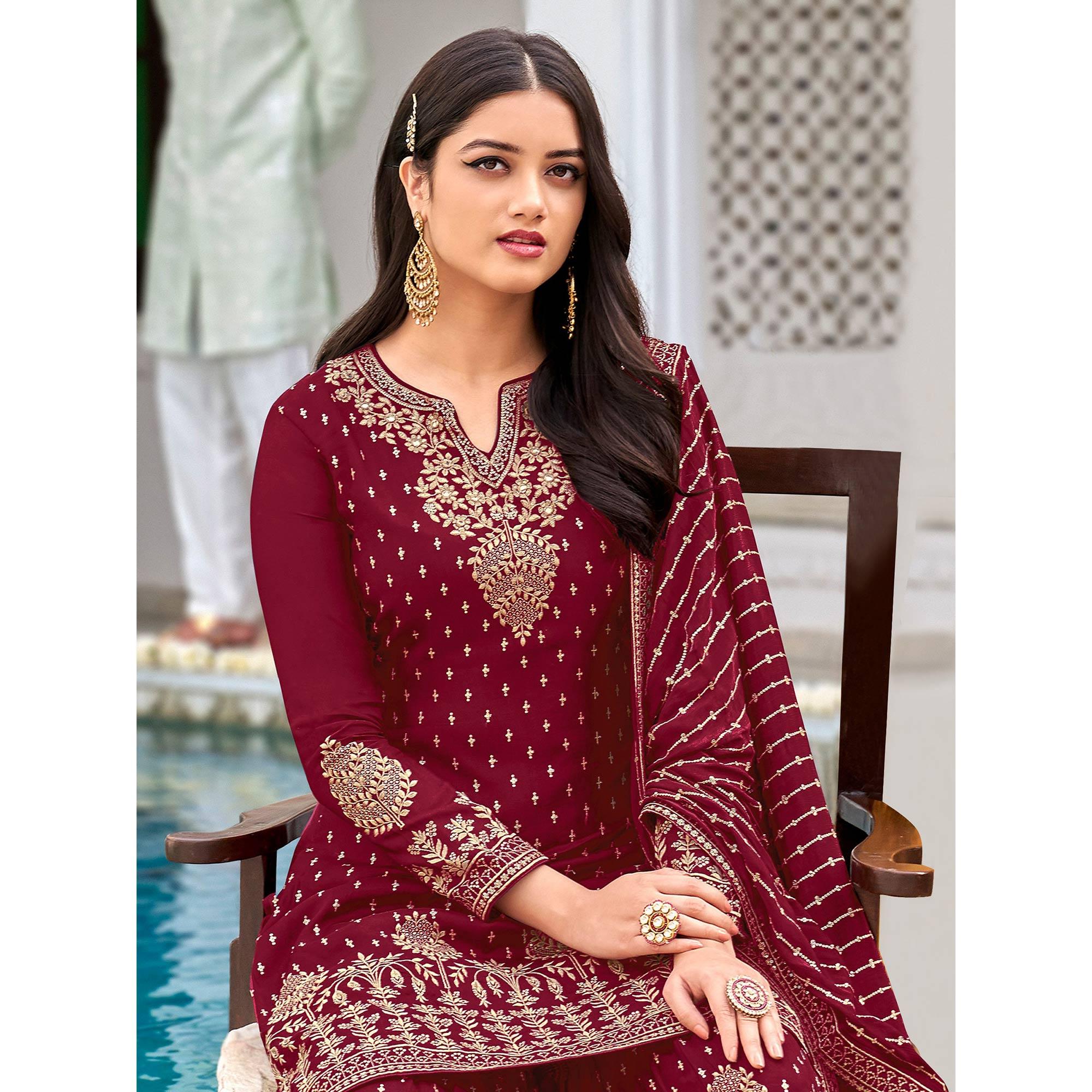 Peachmode Maroon Partywear Sequins & Embroidered Faux Georgette Salwar Suit - view 2