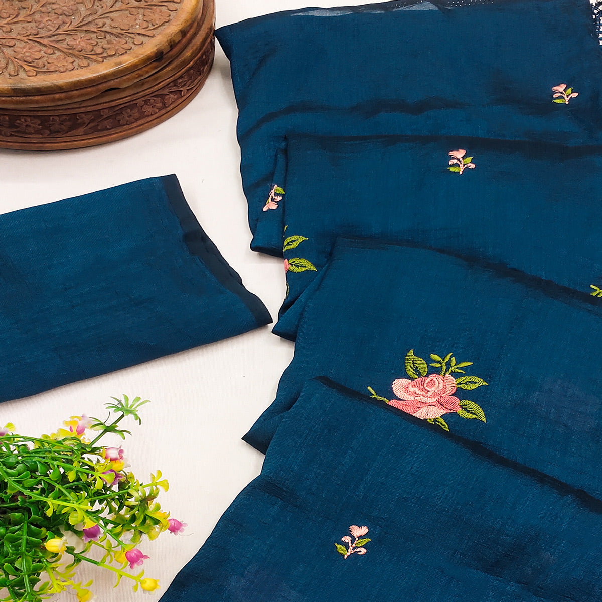 Peachmode Morpich Blue Floral Embroidered Vichitra Silk Saree With Tassels - view 2