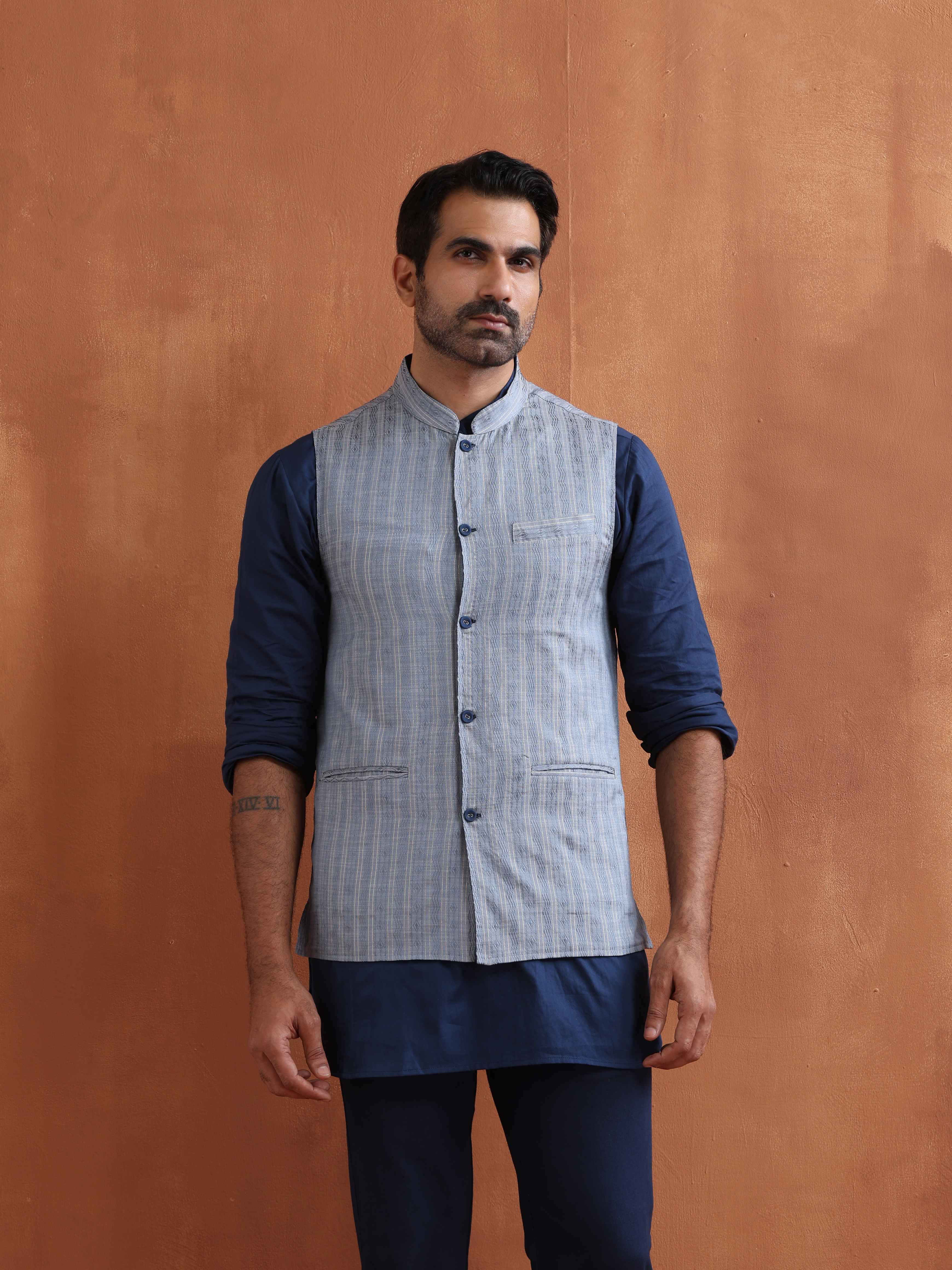 trueBrowns Men's Blue Chanderi Reversible Nehru Jacket - view 5