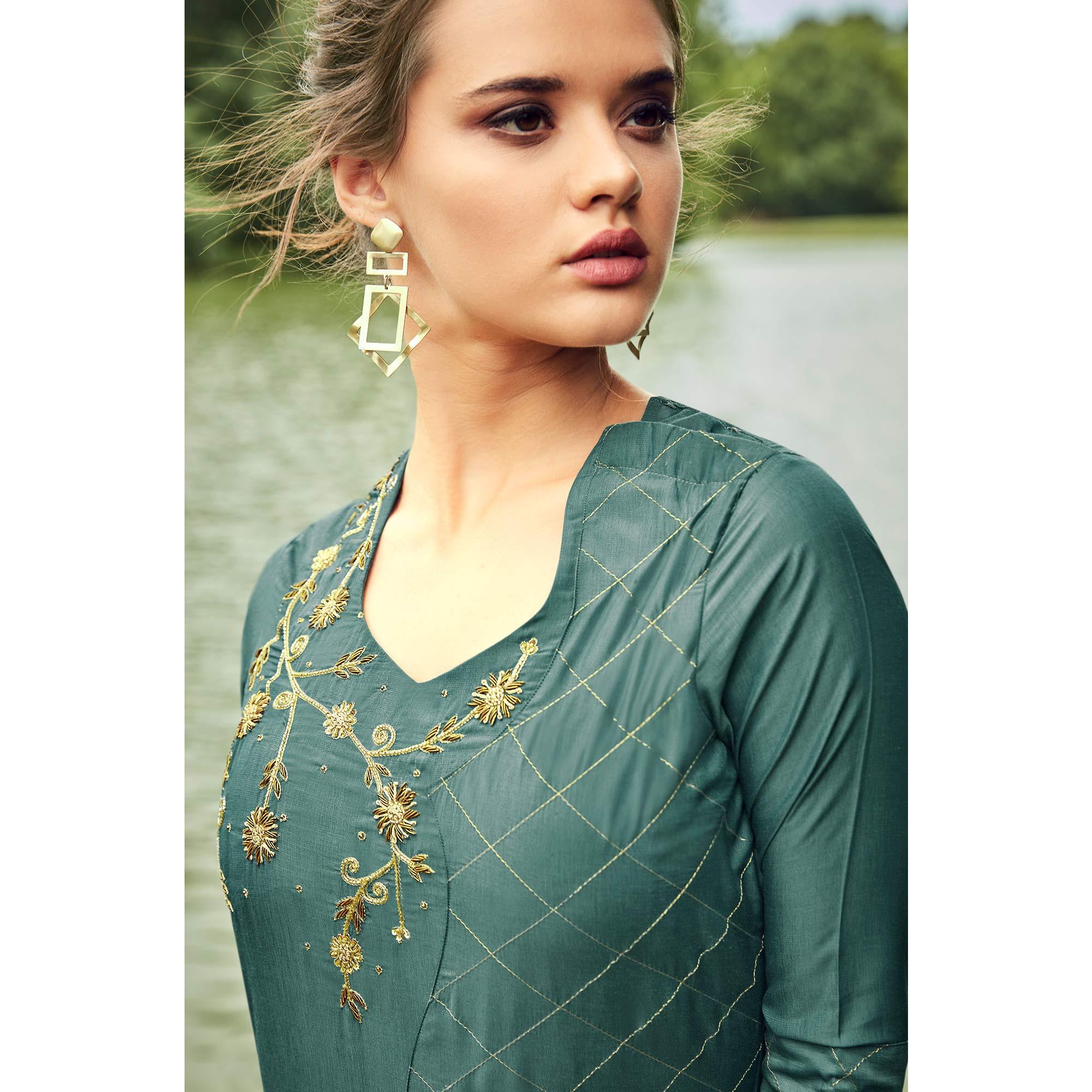 Peachmode Seller Lovely Teal Grey Colored Partywear Hand Embroidered Muslin Silk Kurti-Palazzo Set - view 2