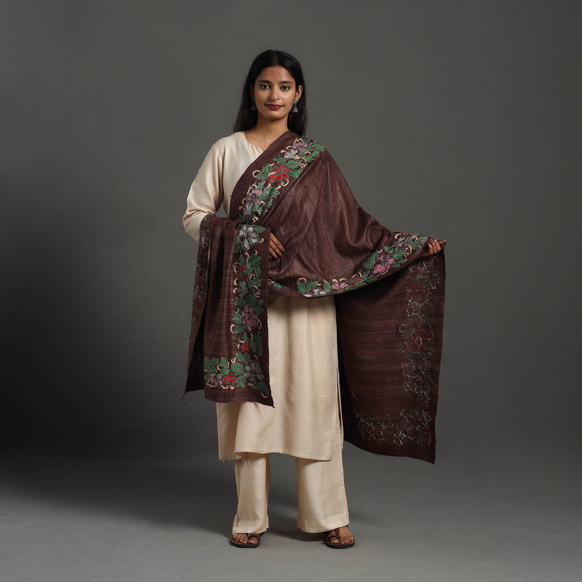 KHUSHBASH - HAPPY LOOM OF EAST Brown - Handloom Matka Silk Bengal Kantha Work Stole 23