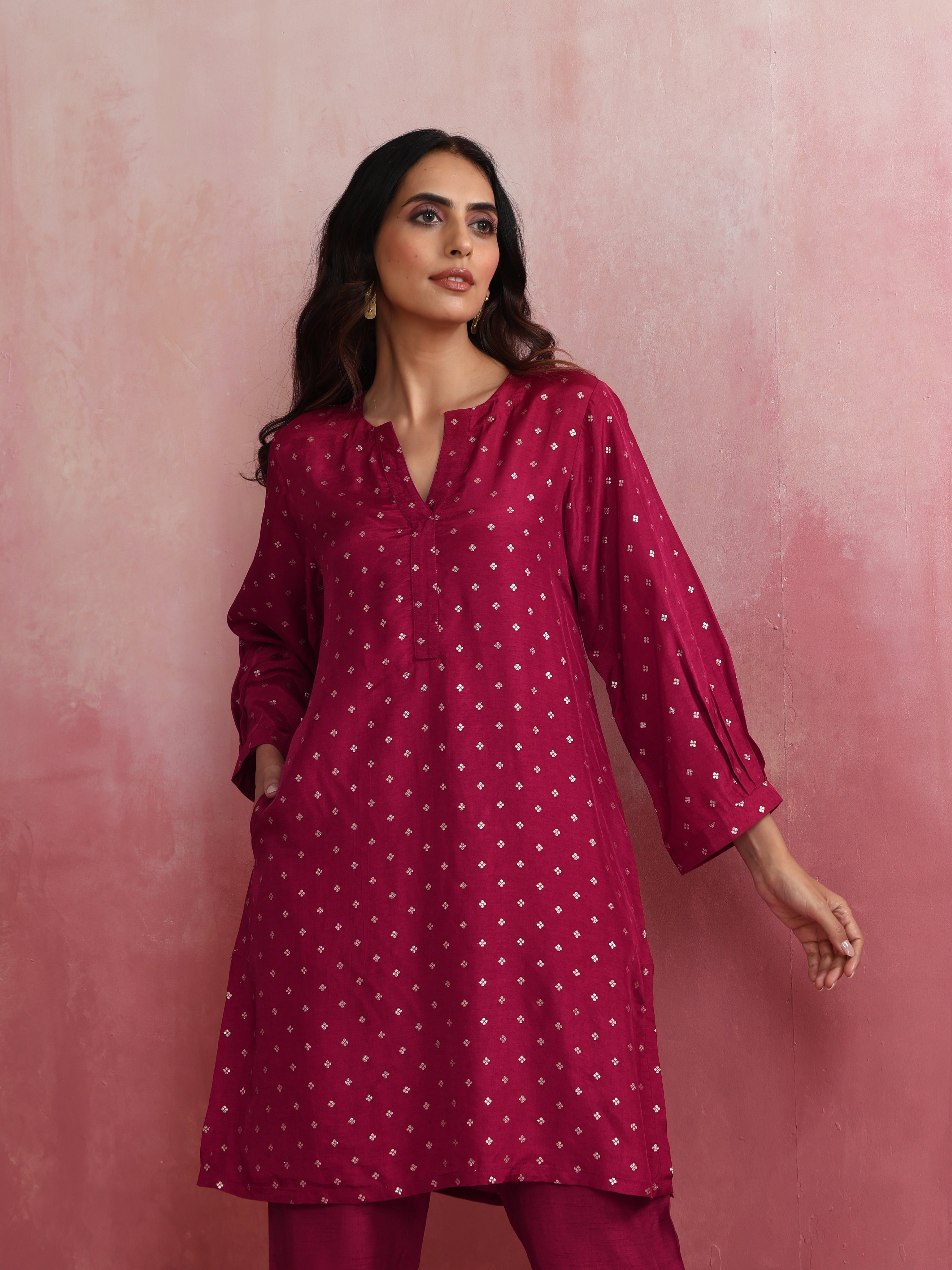 trueBrowns Pink Viscose Silk Kurta Co-ord Set - view 4